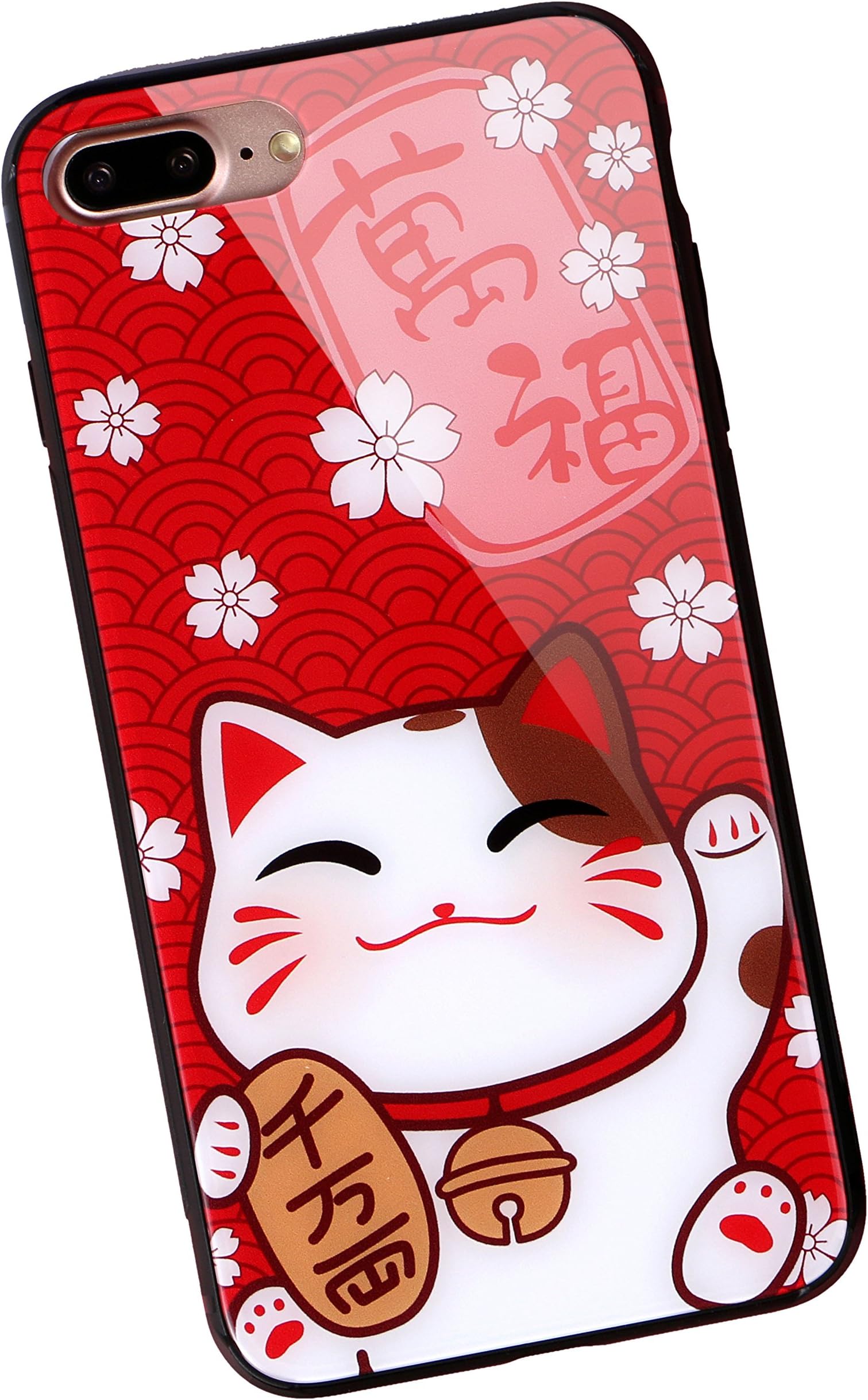 Luxury Fortune Cat Case for iPhone, AiChose Kitty Asian New Year Style Bumper for Your Phone,Tempered Glass Back Cover with Soft TPU Bumper Frame Shock Absorption Strong Protection
