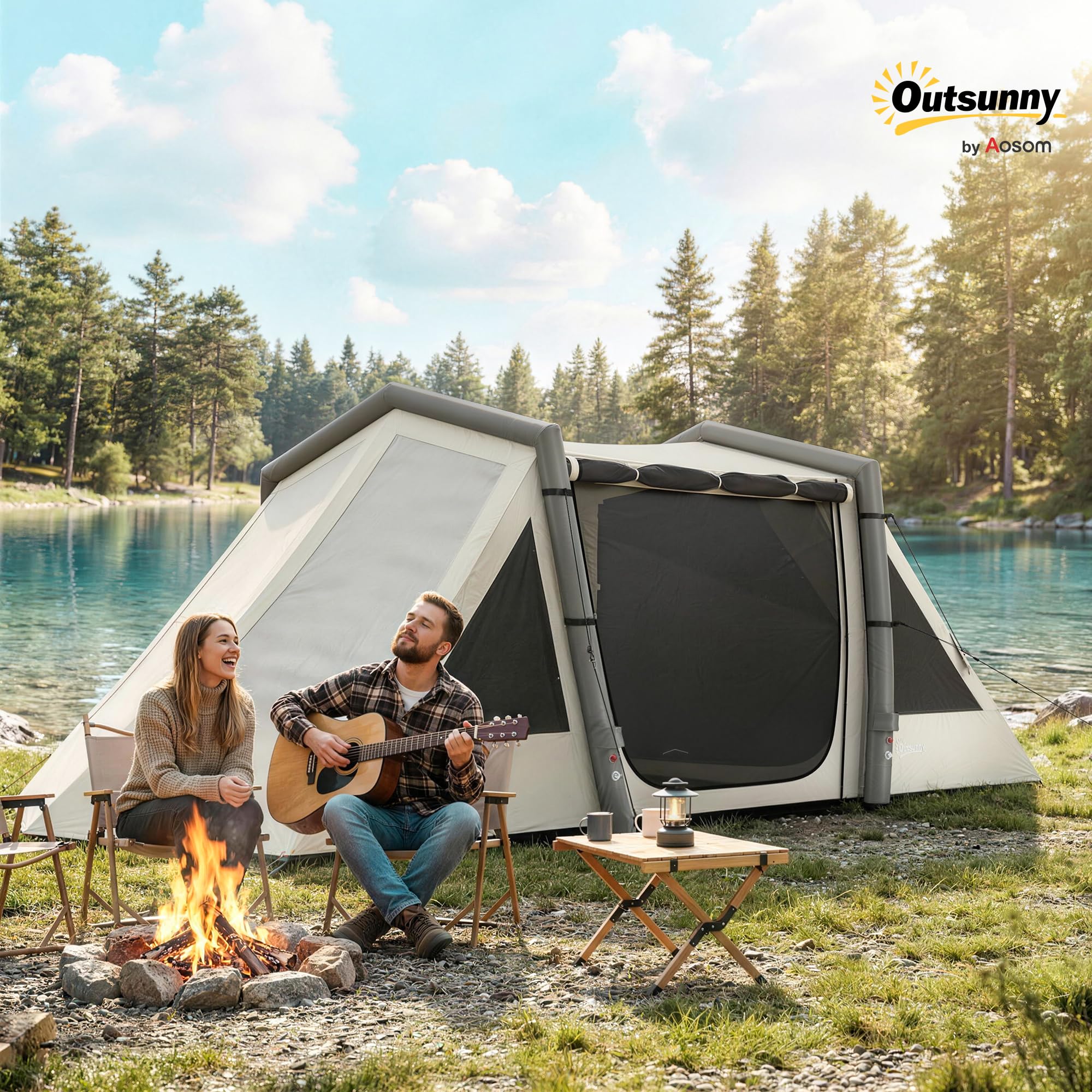 Outsunny Aufblasbares Zelt für 4 Personen mit schnellem Aufbau, verdunkelnd, Camping Zelt mit 2 Schlafzimmern, Vorraum, Fluoreszierende Fenster, Bodenplane und Heringen, wasserdicht Air Glamping Zelt