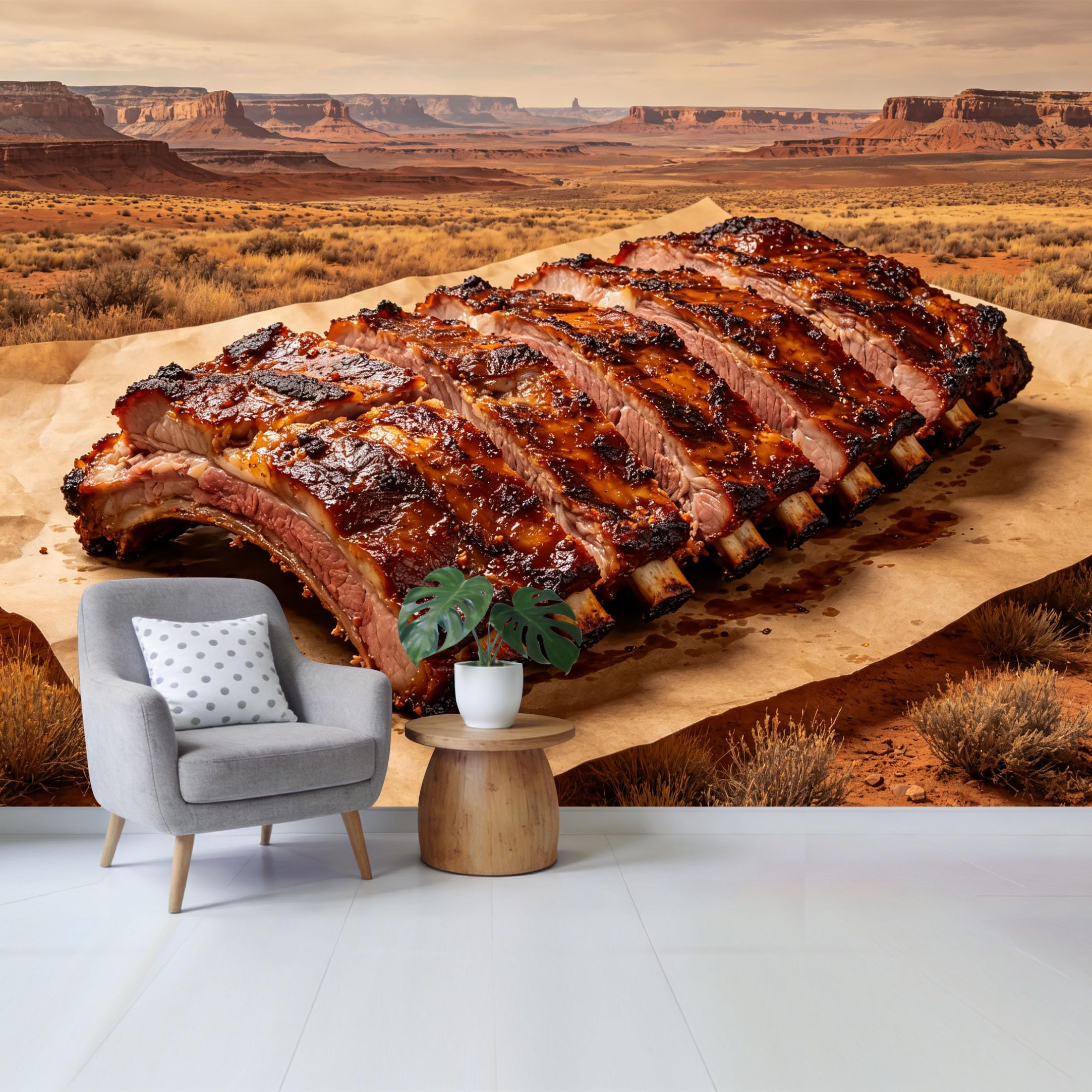 Qzlithotic Yq2605250905 Custom Size Wall Mural Bbq Glazed Pork Ribs Western Desert Landscape Scenic View Selfadhesive Wall Fabric Removable Wallpaper For Home Office Decor