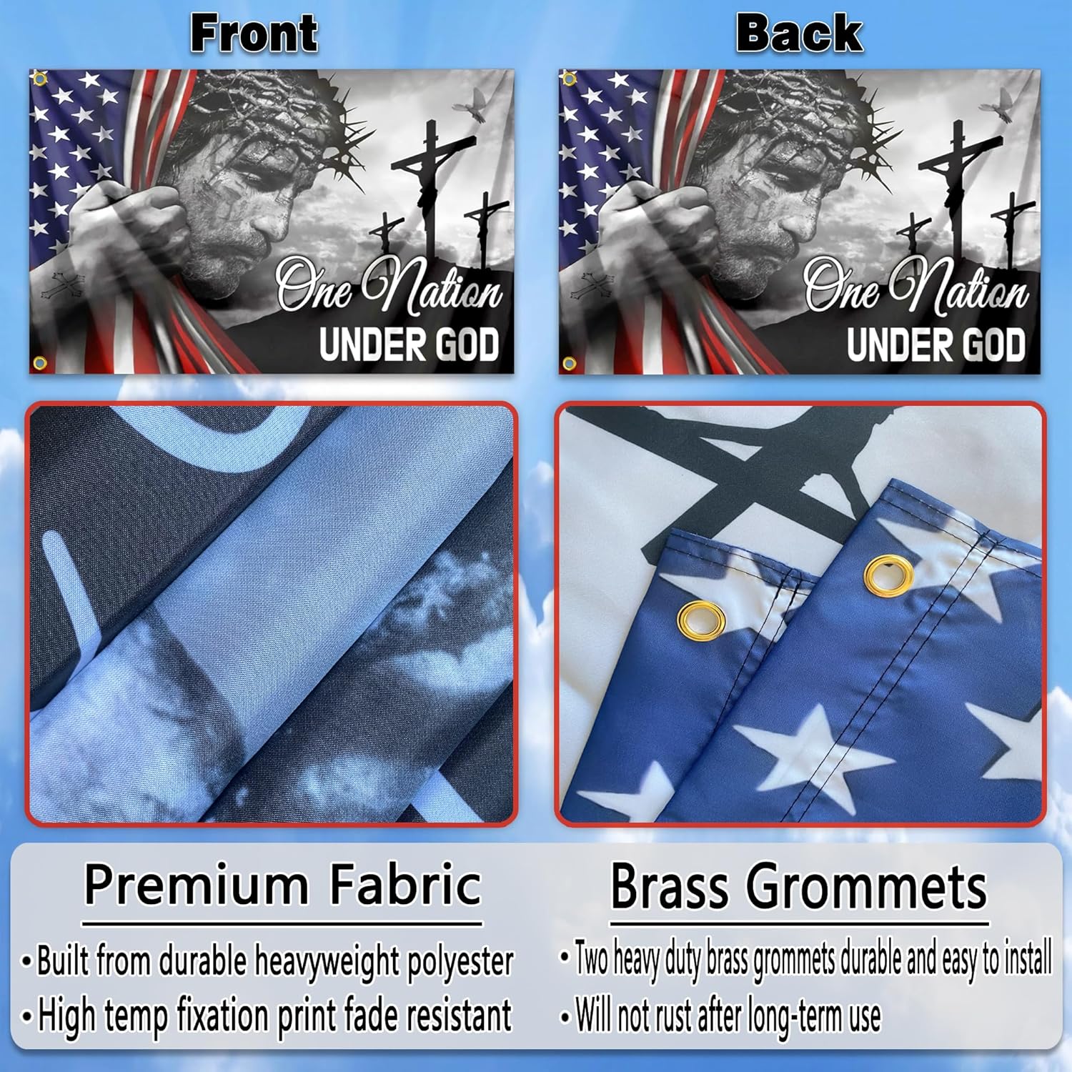 One Nation Under God Flag 3x5 Double Sided Christian Jesus American Flags for Outside, Heavy Duty 3Ply American Flag with Jesus Christ On It for Outdoor House Yard Faith Patriotic Banner Sign Decor