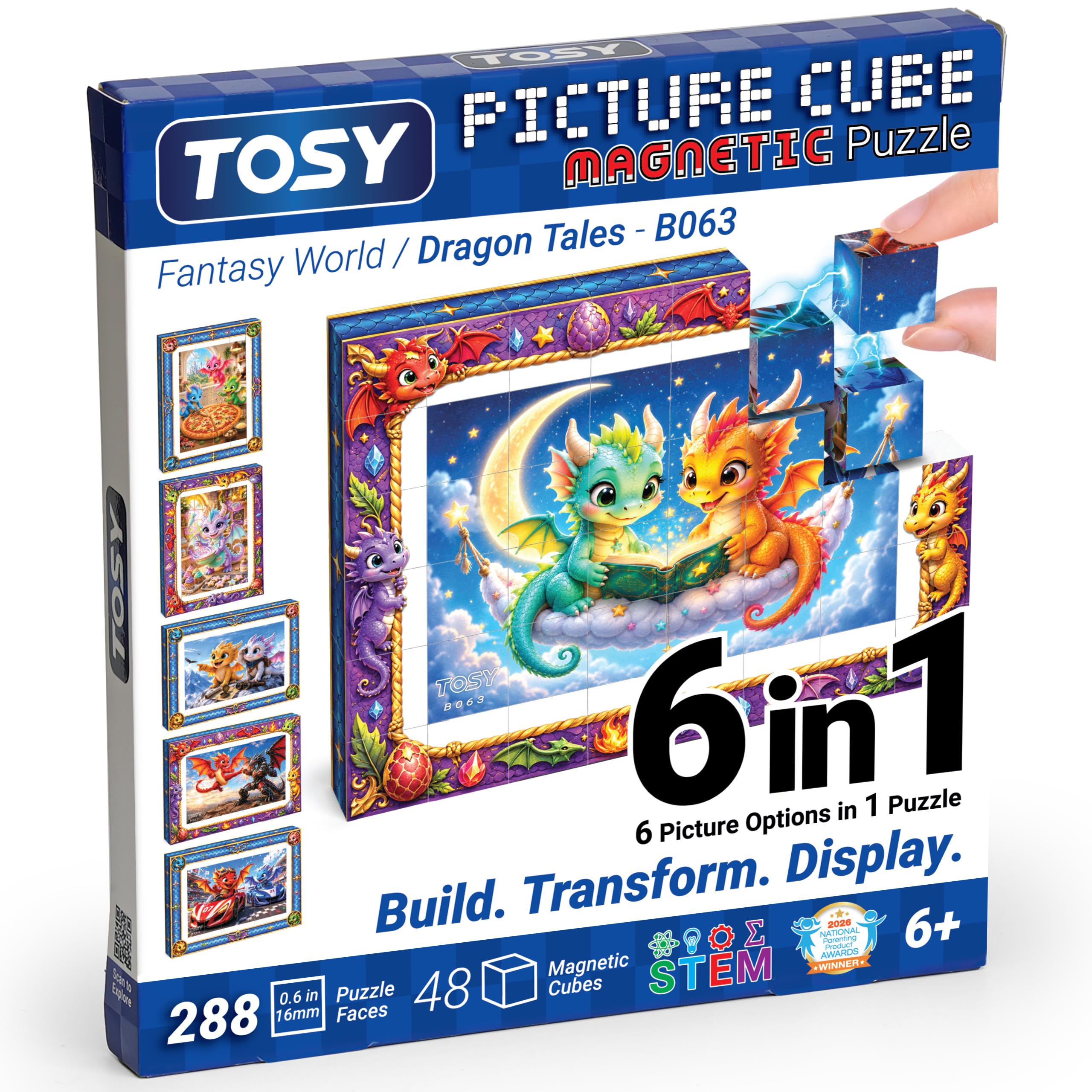 TOSY Picture Cube Dragon Tales: 6-in-1 Magnetic Picture Puzzle, 48 Blocks, 288 Puzzle Faces, 0.6 in, B063, Seamless UV Art, Display-Ready Frame, Collectible, STEM/STEAM Gift for Kids & Adults