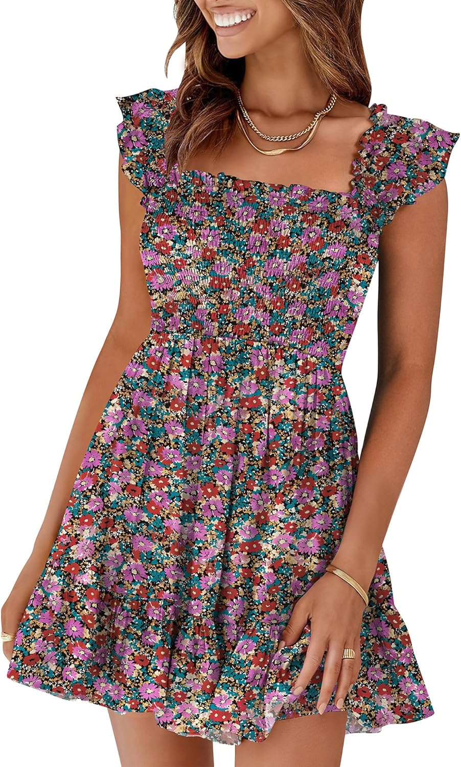 Womens Summer Smocked Sundress with Square Neck
