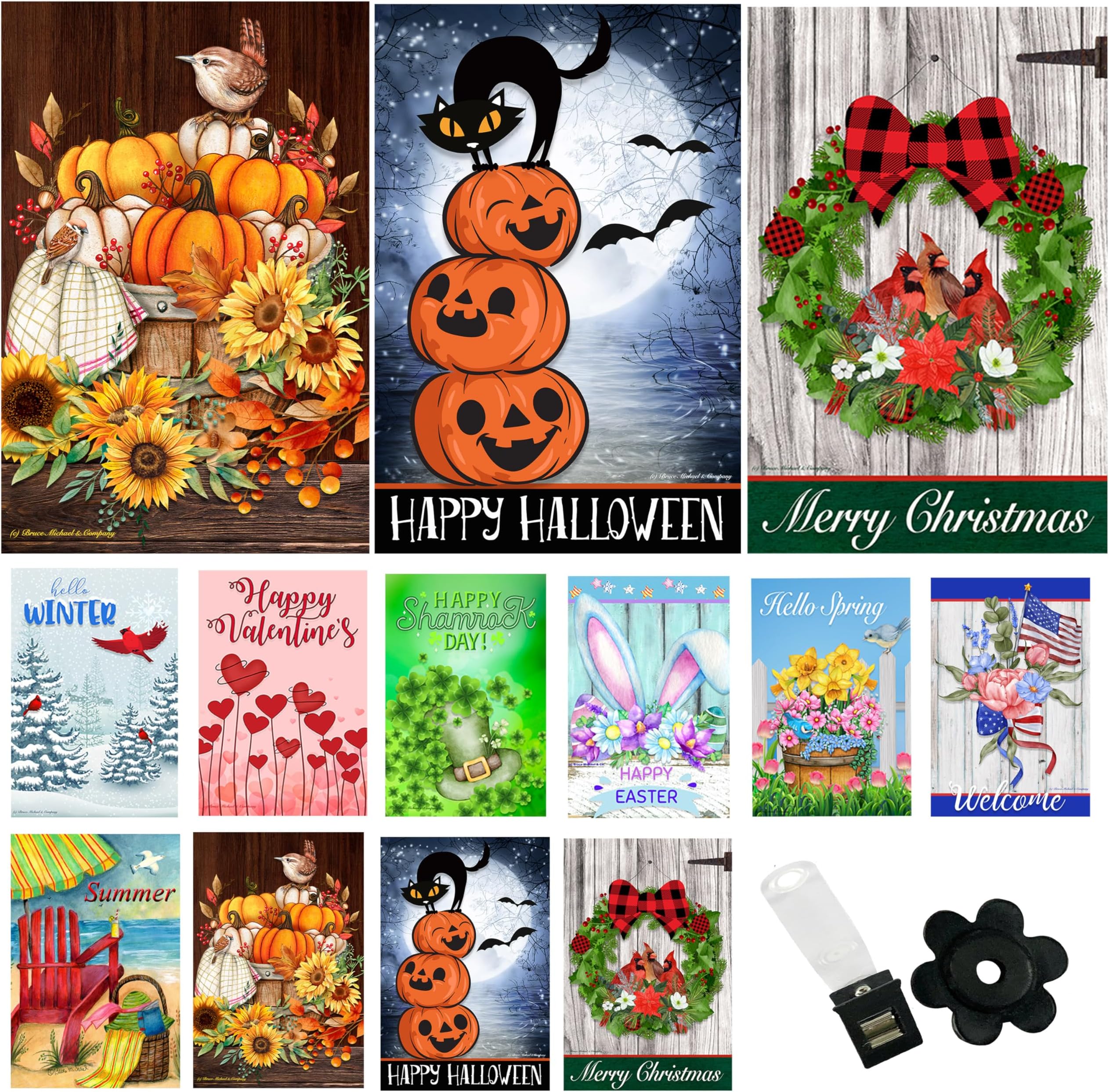 Seasonal Garden Flags Set of 10 Double Sided 12 x 18 inch Yard Flag | Outdoor Small Decorative Outside Holiday Lawn Fall Halloween Christmas Winter Decorations with Wind Clip and Stopper.