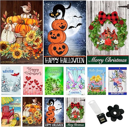 Juego de 10 banderas de jardín de temporada de 12 x 18 pulgadas, banderas de patio de doble cara, bandera de jardín pequeña para exteriores con clip