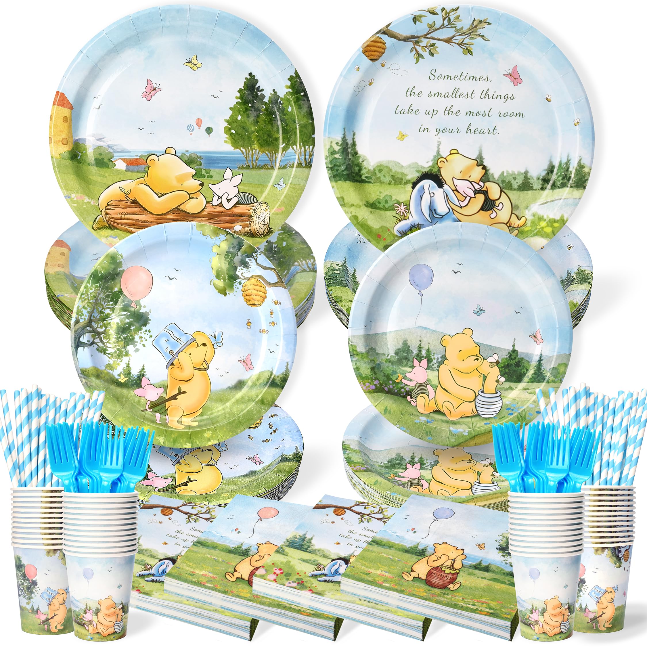 300 Pcs Winnie Bear Baby Shower Plates and Napkins Tableware Set, Plates Napkins Cups Straws and Forks Sets, Winnie Baby Shower Decorations Birthday Party Supplies, Serves 50 Guests