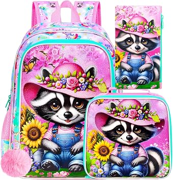 gxtvo 3PCS Girls Bear Bookbag, 16" Kids Raccoon Backpack with Lunch Box, Water Resistant Elementary School Bag for Preschool Toddler