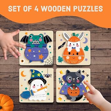 Mudpuppy Spooky Friends Set of 4 Wooden 4 Piece Puzzles Featuring A Colorful Halloween Scene with Adorable Characters Perfect for Toddlers, Montessori Toys for 1-3+, FSC Certified