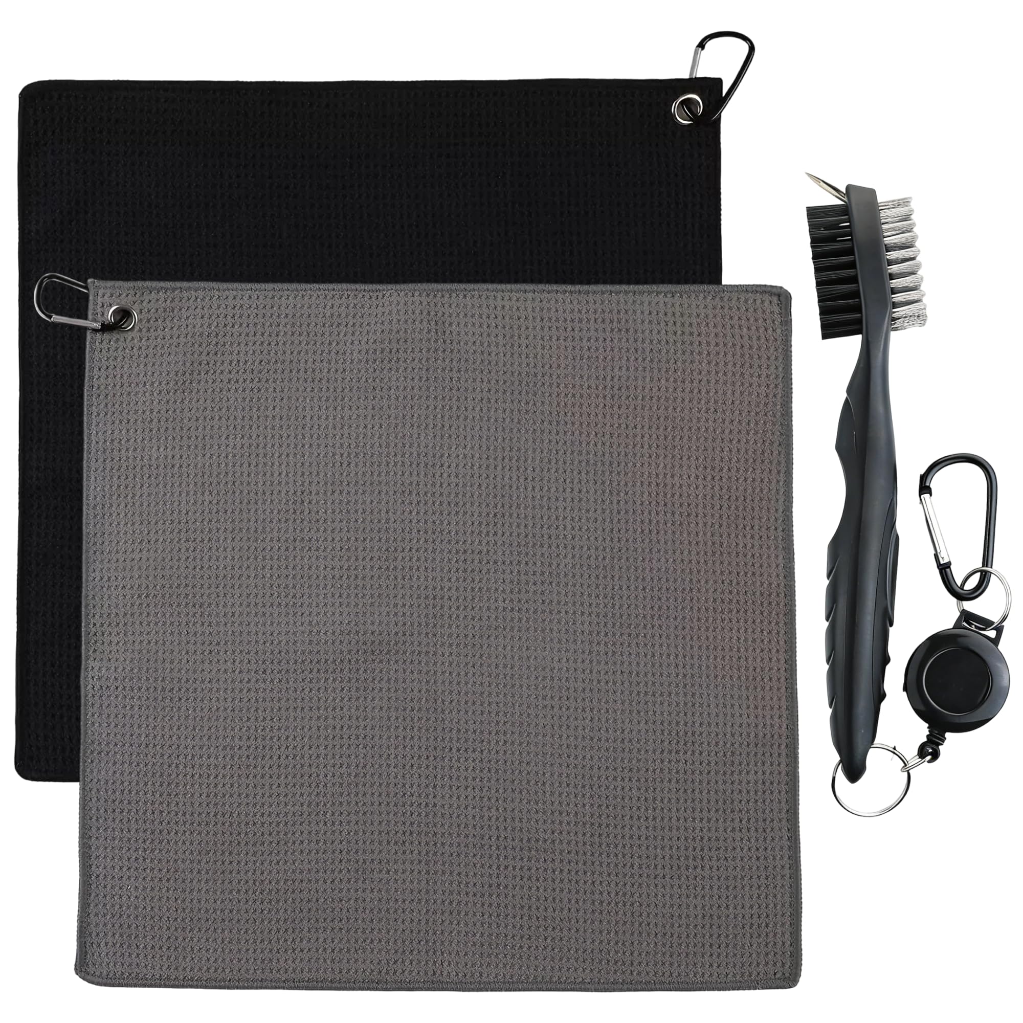 SKKWOPE 2pcs Waffle Golf Towels with 1 Golf Club Cleaning Brush, Microfiber Absorbent Towel Set with Carabiner Clip, Convenient Golf Accessories for Hanging on Clubs, Easy to Carry for Golfers