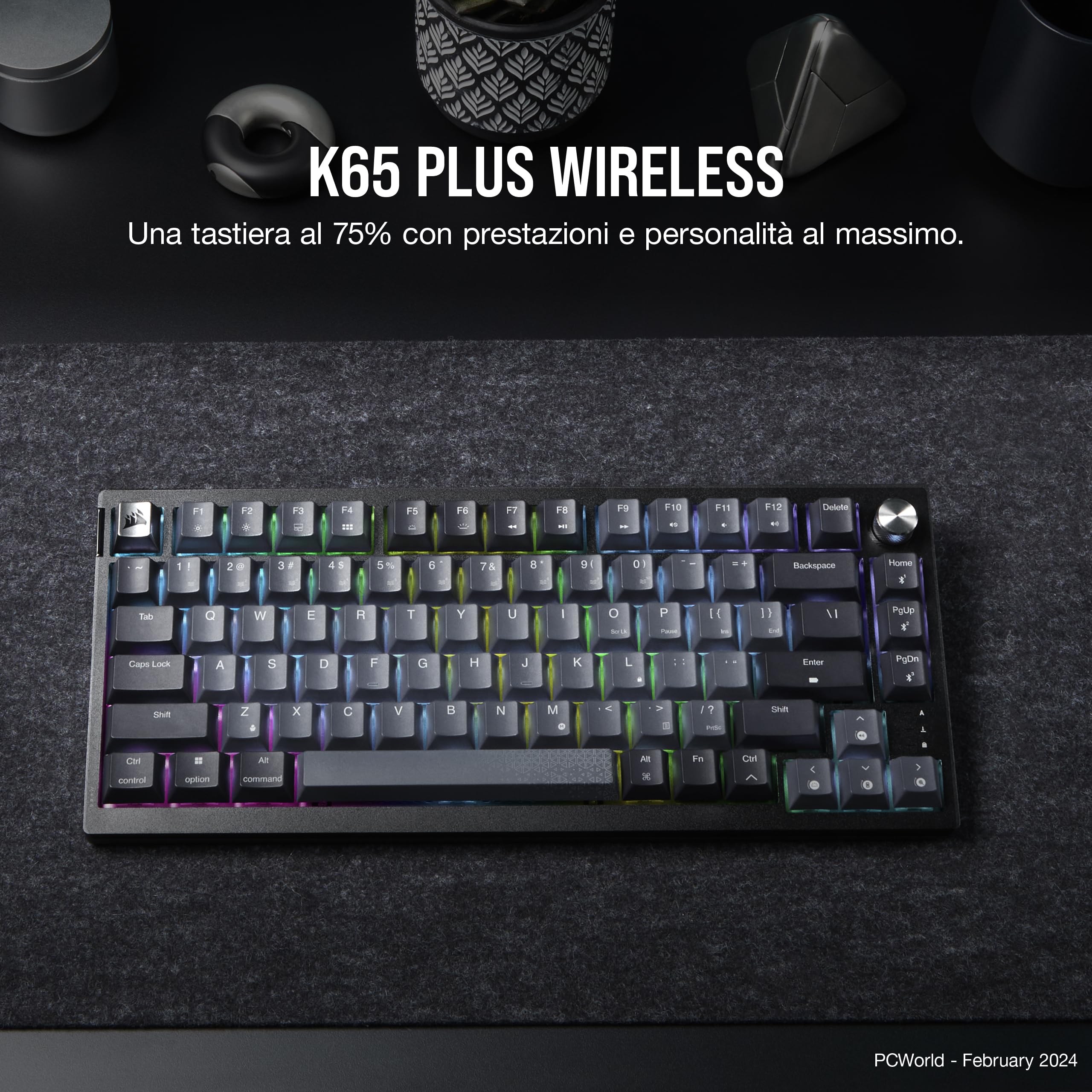 Corsair K65 PLUS WIRELESS 75% RGB Tastiera Meccanica da Gioco — Nero/Grigio | QWERTY IT, Interruttori Lineari MLX Red Pre-lubrificati, Tasti PBT Dye-Sub, Compatibile con iCUE, PC, PS5, PS4, Xbox