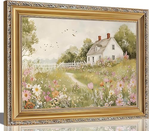 Arte de pared con textura 3D con marco dorado vintage, arte de pared de paisaje de naturaleza con flores silvestres, decoración de pared, rústico,