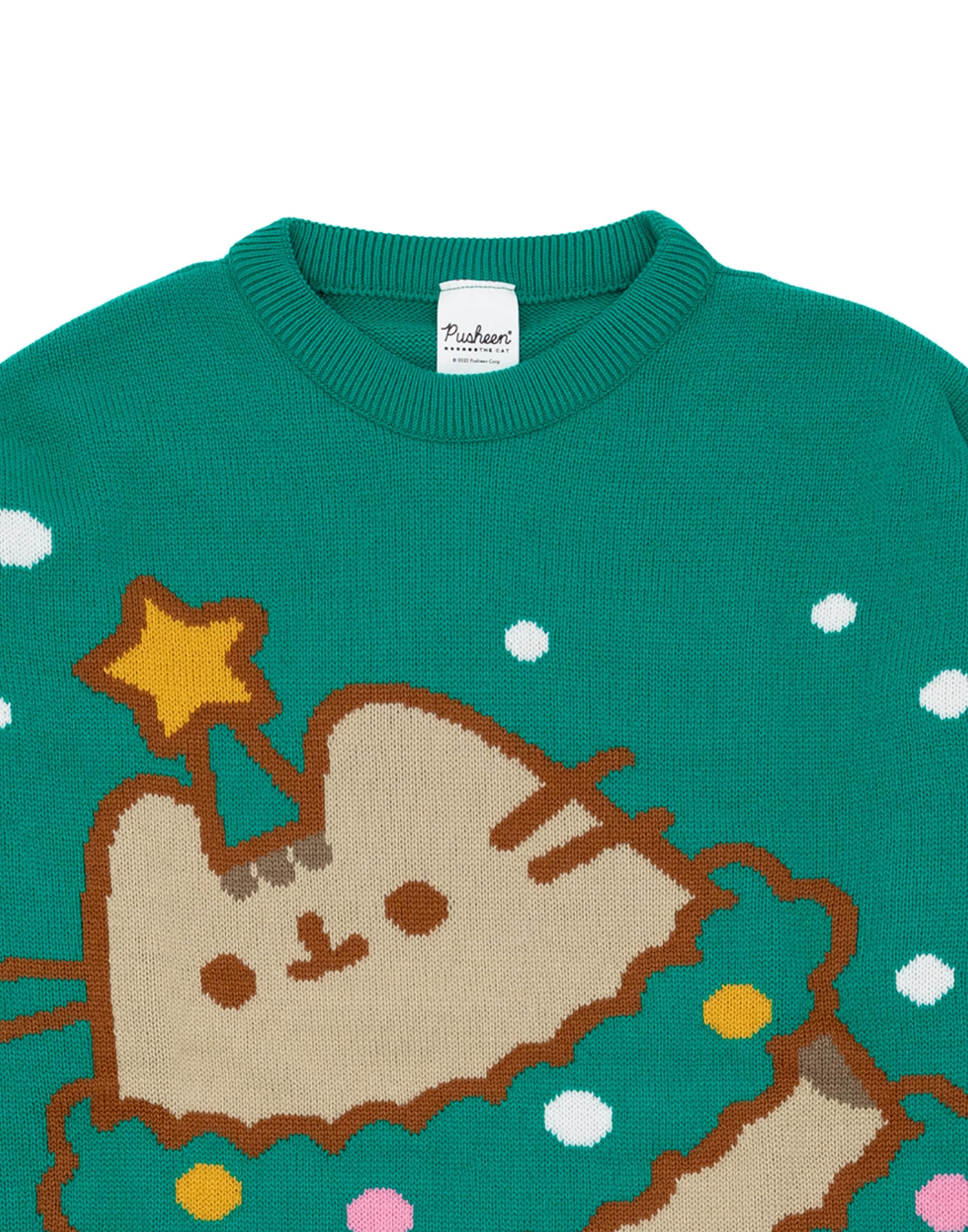 Pusheen Grüner Weihnachtsstrickpullover für Damen | Festlicher Feiertagspullover - Süß & Kuschelig | Stilvolle The Cat Weihnachtsbekleidung | Festliches Sweatshirt mit Katzenmotiv