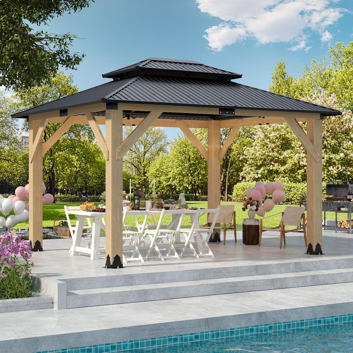 LVUYOYO 10′ x 12′ Wood Gazebo, Outdoor Hardtop Gazebo, Double Galvanized Steel Roof Gazebos Pergola, Wooden Pavilion for Patio, Backyard, Deck, Garden