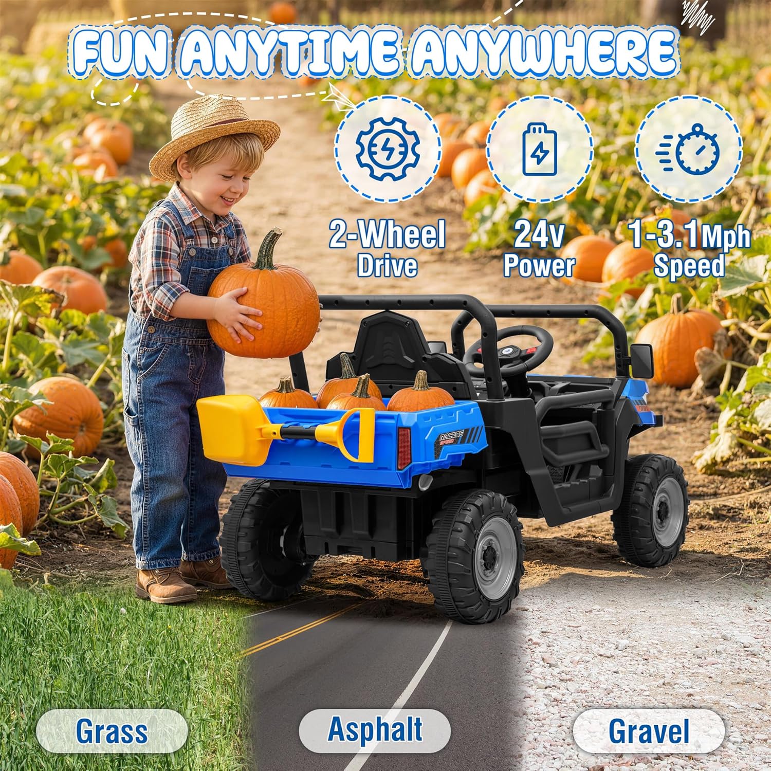 24V Ride On Dump Truck, 400W Power Ride On Toys w/Remote Control, 3 Speeds, Electric Dump Bed & Shovel, Shock Absorbers, Led Lights, Bluetooth & Gift Bow, Electric Car for Kids Toddlers, Blue