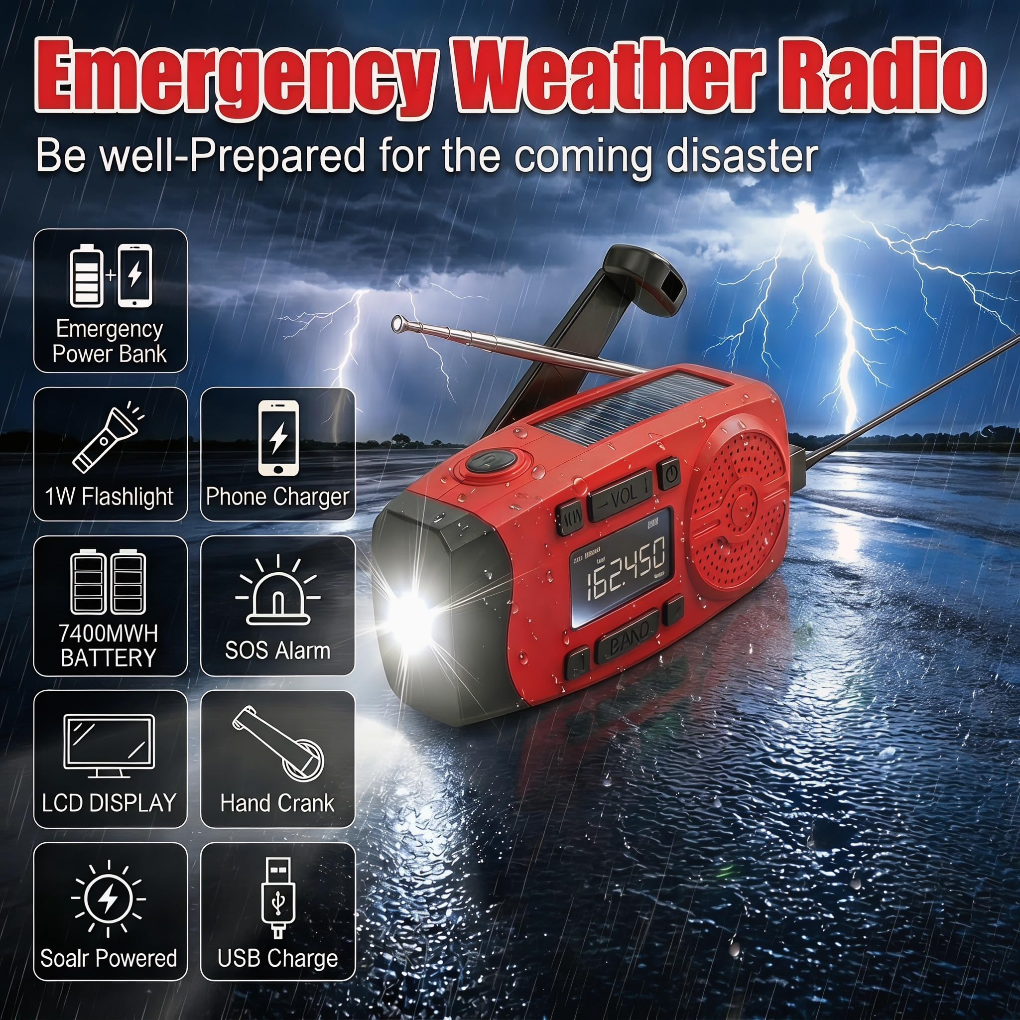 Solarkurbel-Notfallradio mit LCD-Display, 7400mWh Powerbank & 3-in-1 Taschenlampe mit SOS-Alarm, AM/FM Radio, USB/Solar/Handkurbel, Kompakte Überlebensausrüstung für Camping & Haus