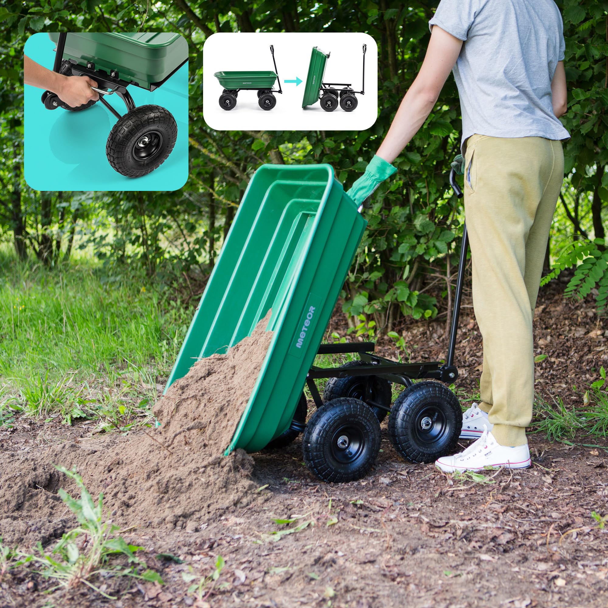 Meteor Gartenwagen 3 in 1 mit Kippfunktion 90 l bis 250 kg belastbar mit Luftreifen und Lenkachse für Erde Laub Holz und Dünger