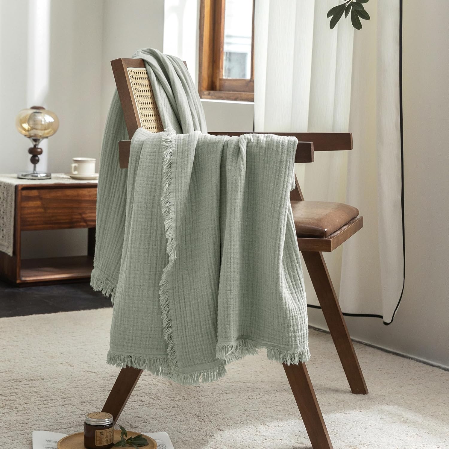 FOSSA Muslin Blanket with Fringe - 4-Layer 100% Cotton Gauze Super Soft & Breathable Throw -Lightweight Decorative Cooling Blanket for Bed, Sofa, Office (Sage Green, Twin XL (66" × 90")) Sage Green Twin XL (66" × 90")