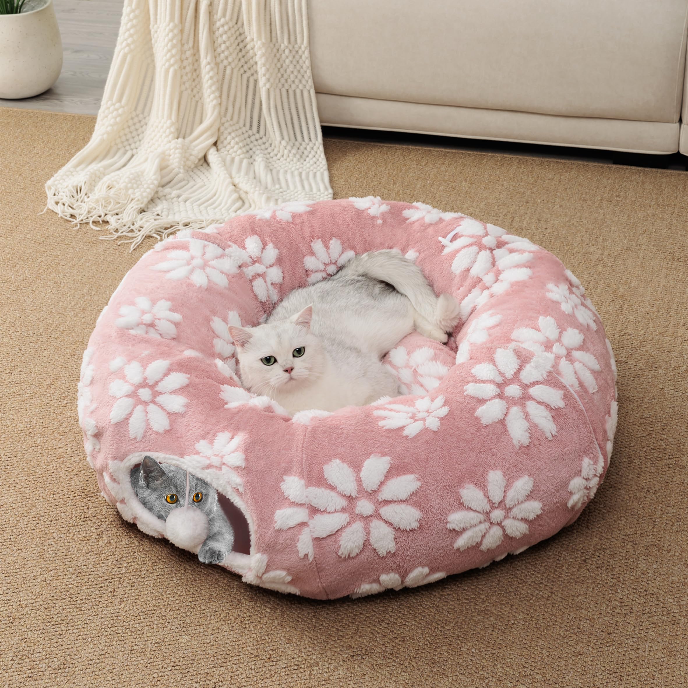 Túnel para gatos de interior, bonita cueva para gatos Peekaboo con bolas colgantes, cama de túnel de dona para mascotas con alfombrilla circular para cachorros, gatitos, conejos, flores rosas