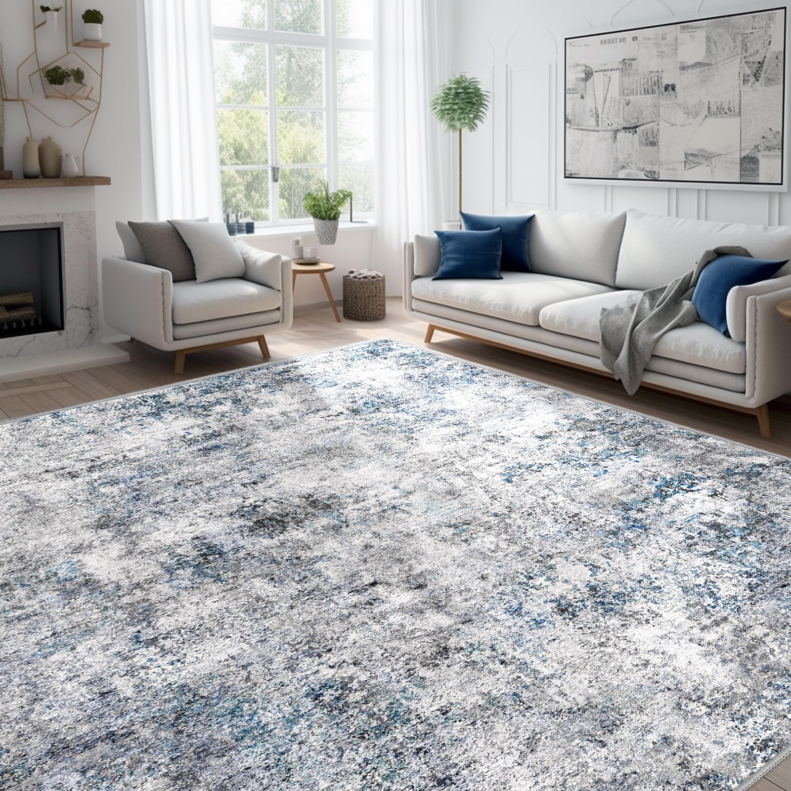 Abstract 10x14 Washable Rug: Modern Non Slip Area Rug Soft Carpet Foldable Distressed Stain Resistant Neutral Rugs for Living Room Bedroom Decor Large Indoor Farmhouse Rug 10'x14' Blue Gray