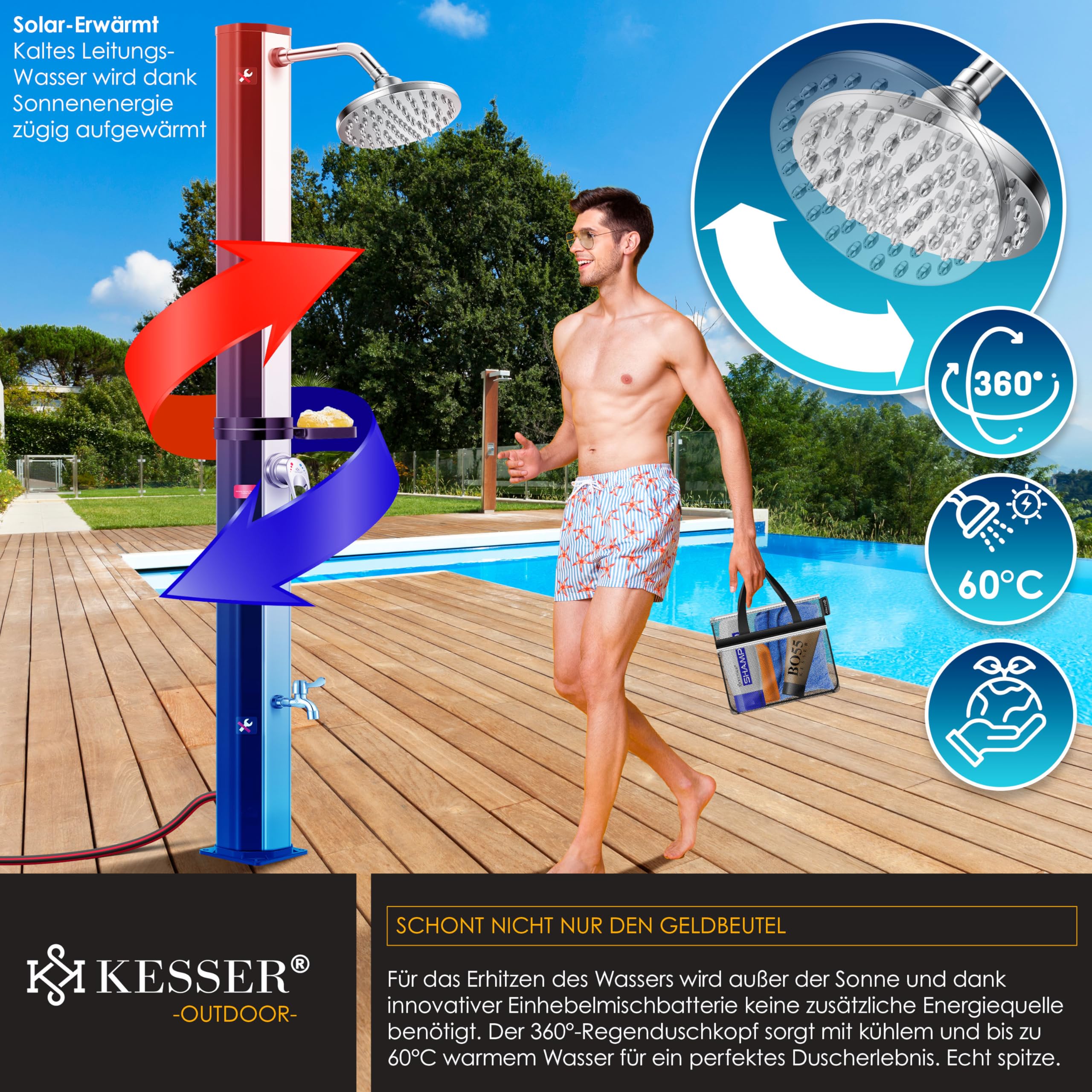 Kesser® Douche solaire de jardin 40 litres avec support de douche en métal et housse de protection | eau chaude | max. 60°C | Douche de piscine et de camping | Tête de douche à effet de pluie et