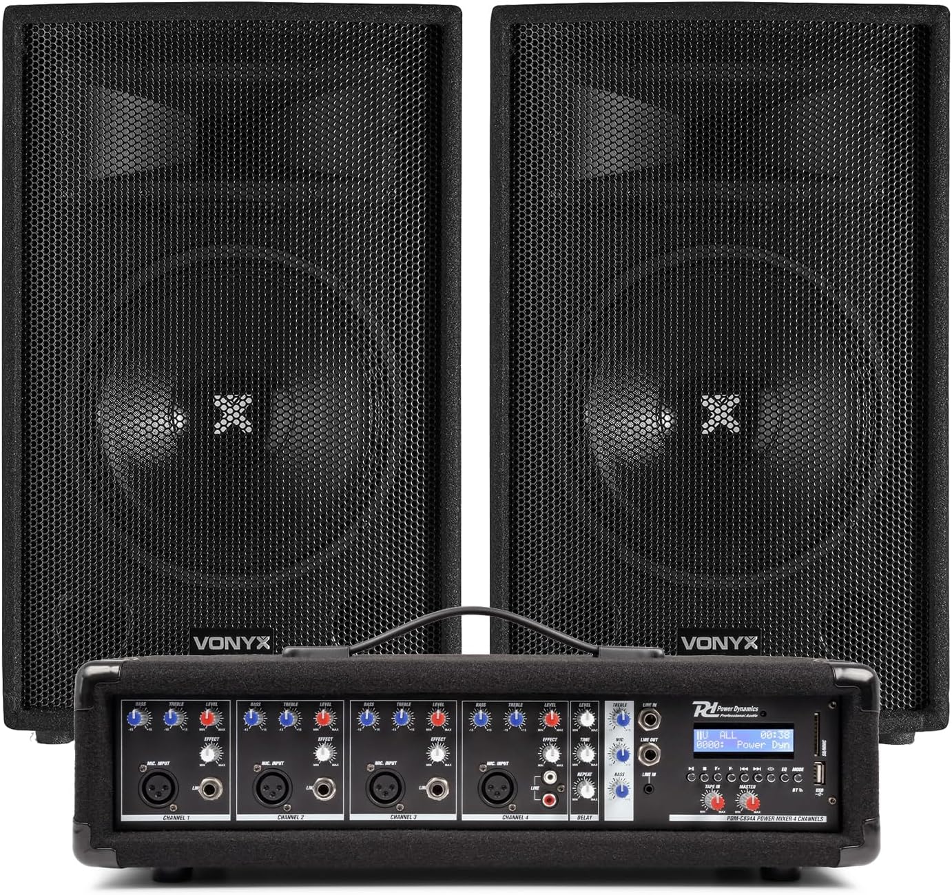 Vonyx 12" Passive PA Speaker System with Powered Mixer – Complete Band PA System for Church, Singers, Small Events, Bluetooth, 4 Channels, Cables Included