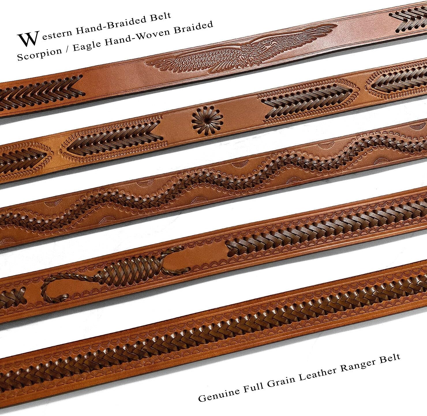 Western Hand-Braided Belt Genuine Full Grain Leather Casual Jean Belt 1-1/2"(38mm) Wide, Assembled in the U.S - Image 2