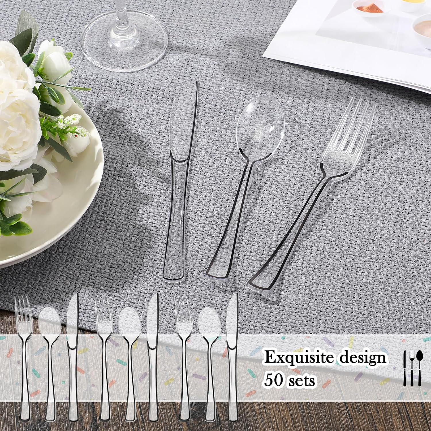 Minatee 150 Pcs Black Plastic Silverware, Clear Disposable Cutlery Set Heavy Duty Utensil Sets 50 Forks 50 Knives 50 Spoons for Birthday Party Home Office School Picnics Restaurant Outdoor Events