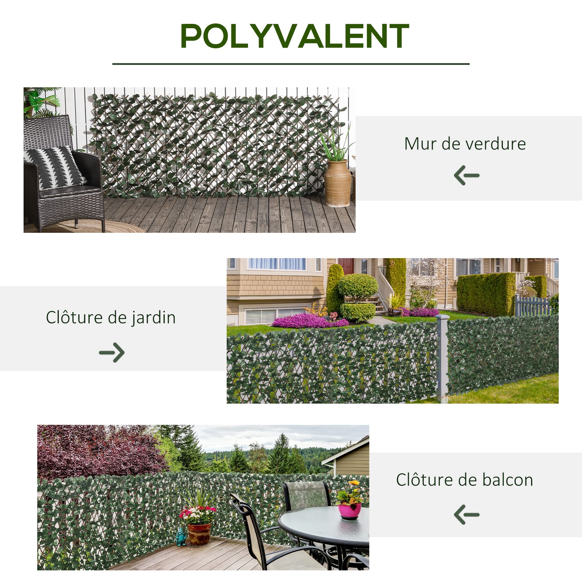 Outsunny Haie artificielle feuilles murale brise-vue 2 panneaux longueur ajustable 295 x 70 cm treillis extensible feuillage réaliste en PE vert