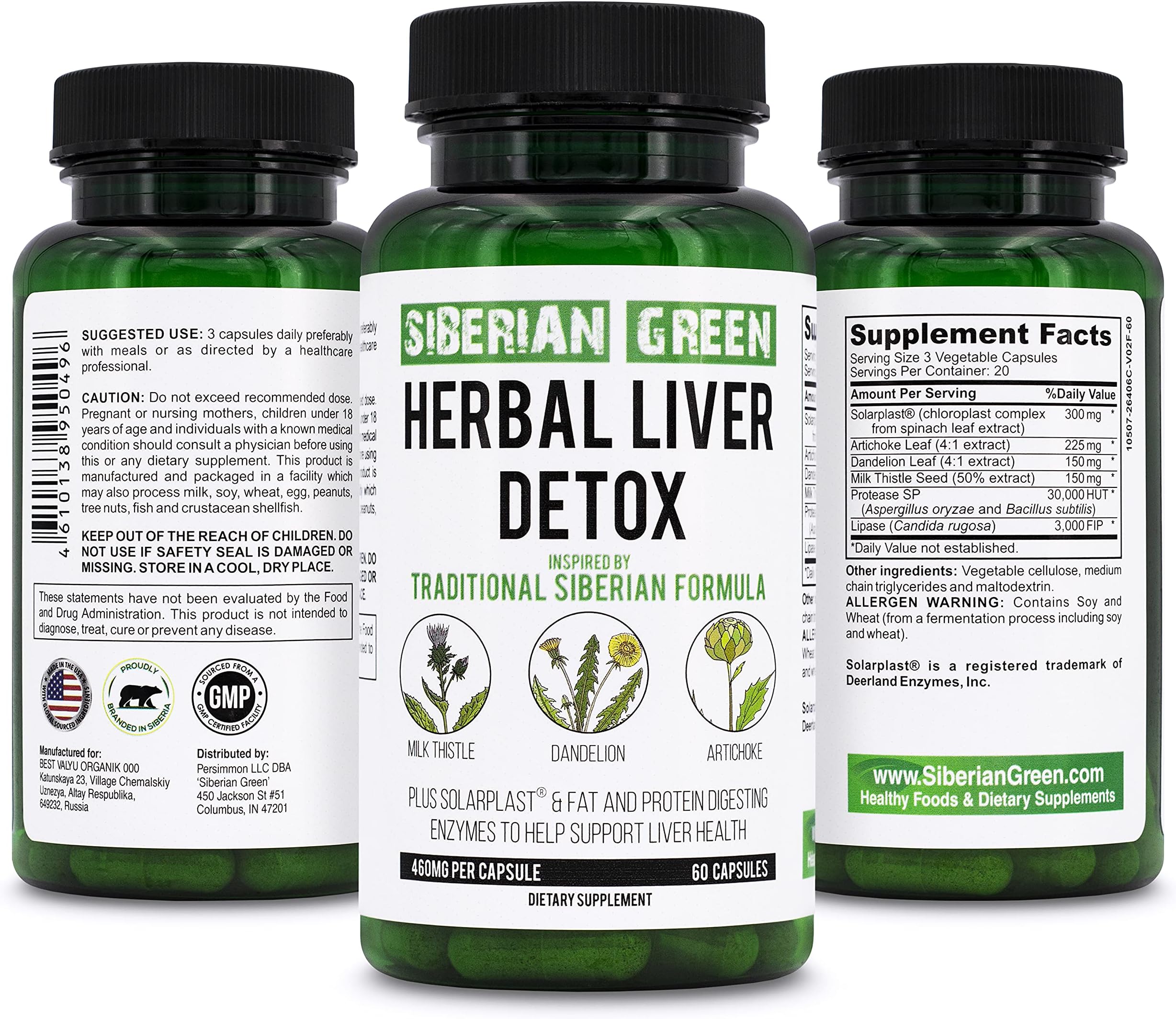 Siberian Green Herbal Liver Detox with Milk Thistle Artichoke Dandelion 60 Capsules – Traditional Siberian Formula Plus Enzymes to Support Liver Health