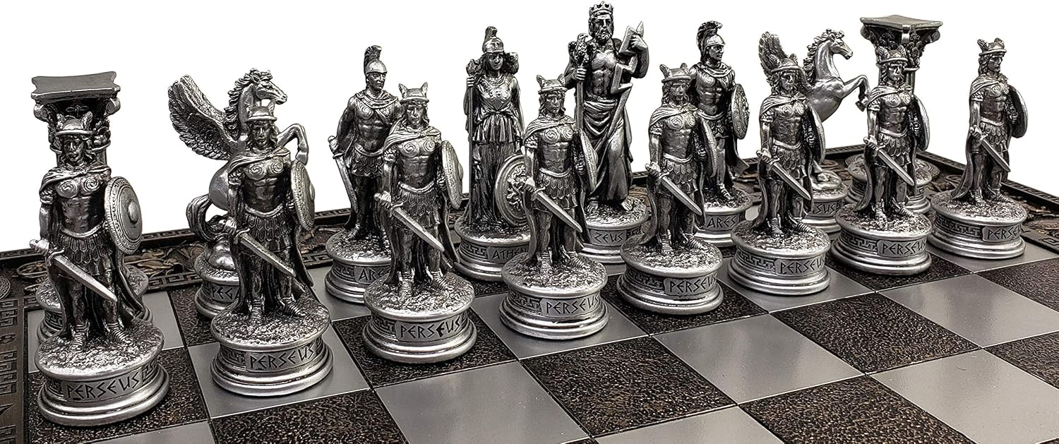 Greek Mythology Olympus Gods Zeus vs Poseidon Pewter and Bronze Color Chess Set with 17" Greek Board