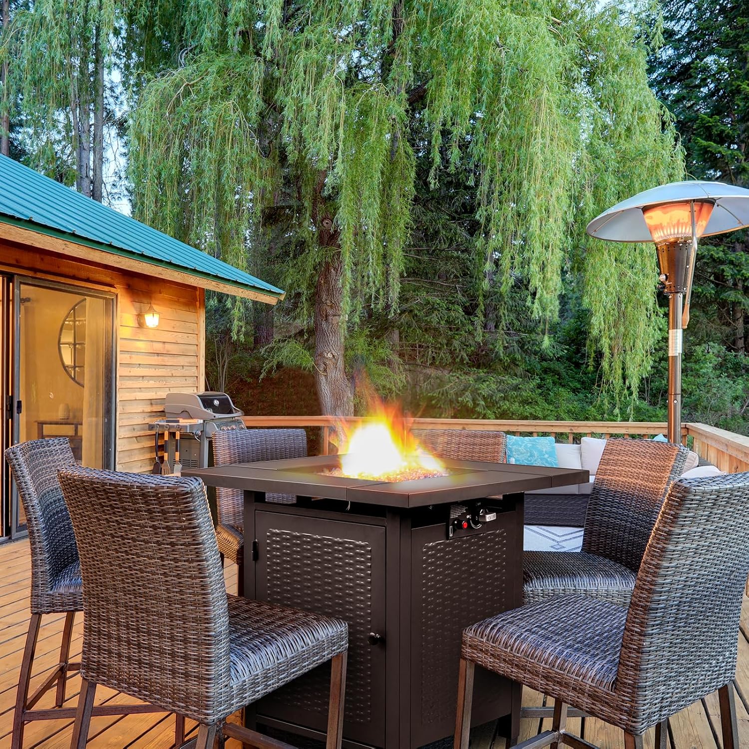 VINGLI Fire Pit, 28 "Gas Firepit Table, 50,000 BTU Outdoor Propane Fire Pit, Rattan-Like Metal Plate, Spliced Metal Tabletop, Volcanic Stone, Cover for Patio Garden or Thanksgiving - Black