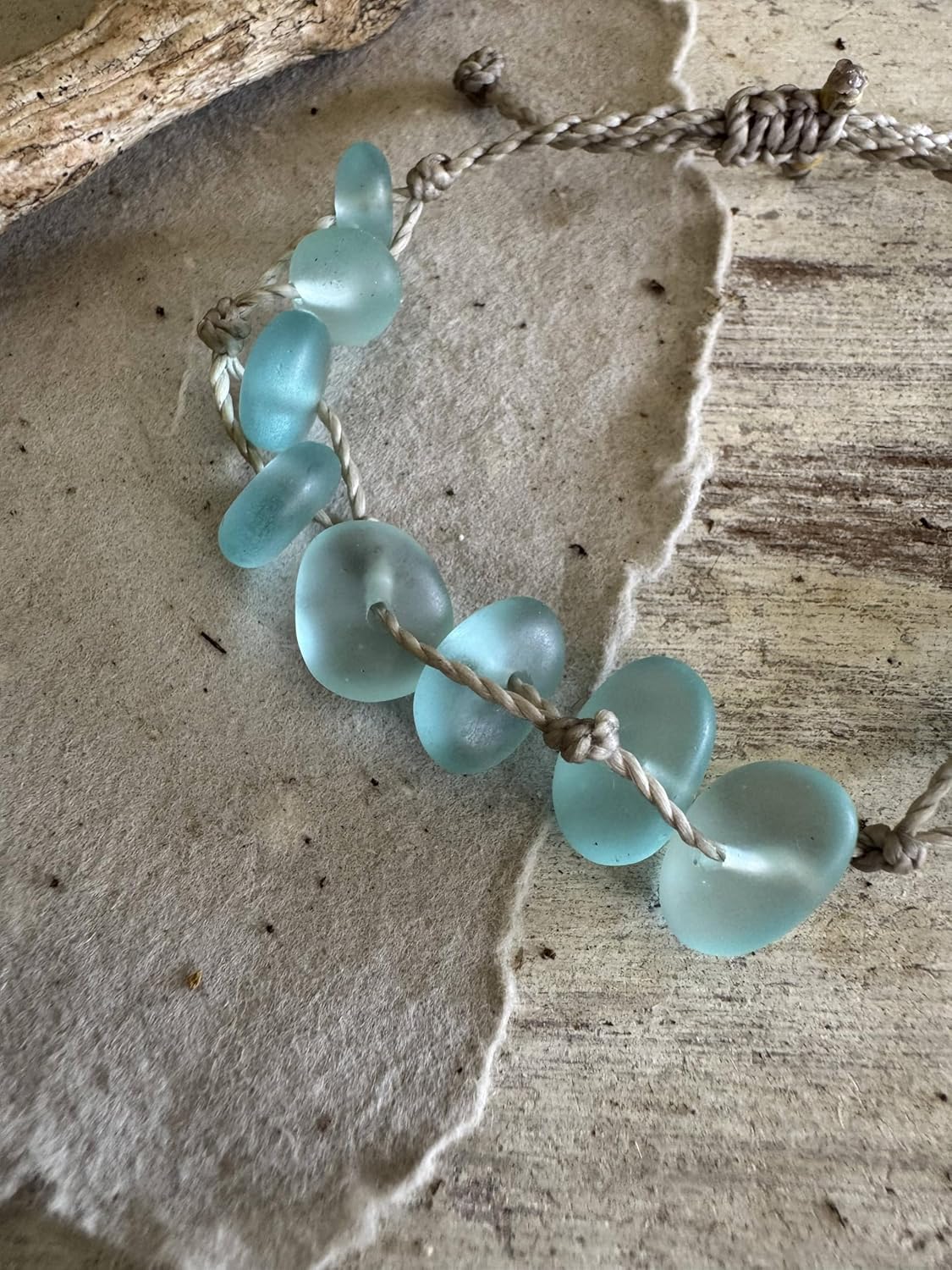 Aqua Blue Sea Glass Anklet on Hand Spun Rope Cord Waterproof and Beach Ready, Del Mar Handmade in the Caribbean, Women's Gift (Anklet)