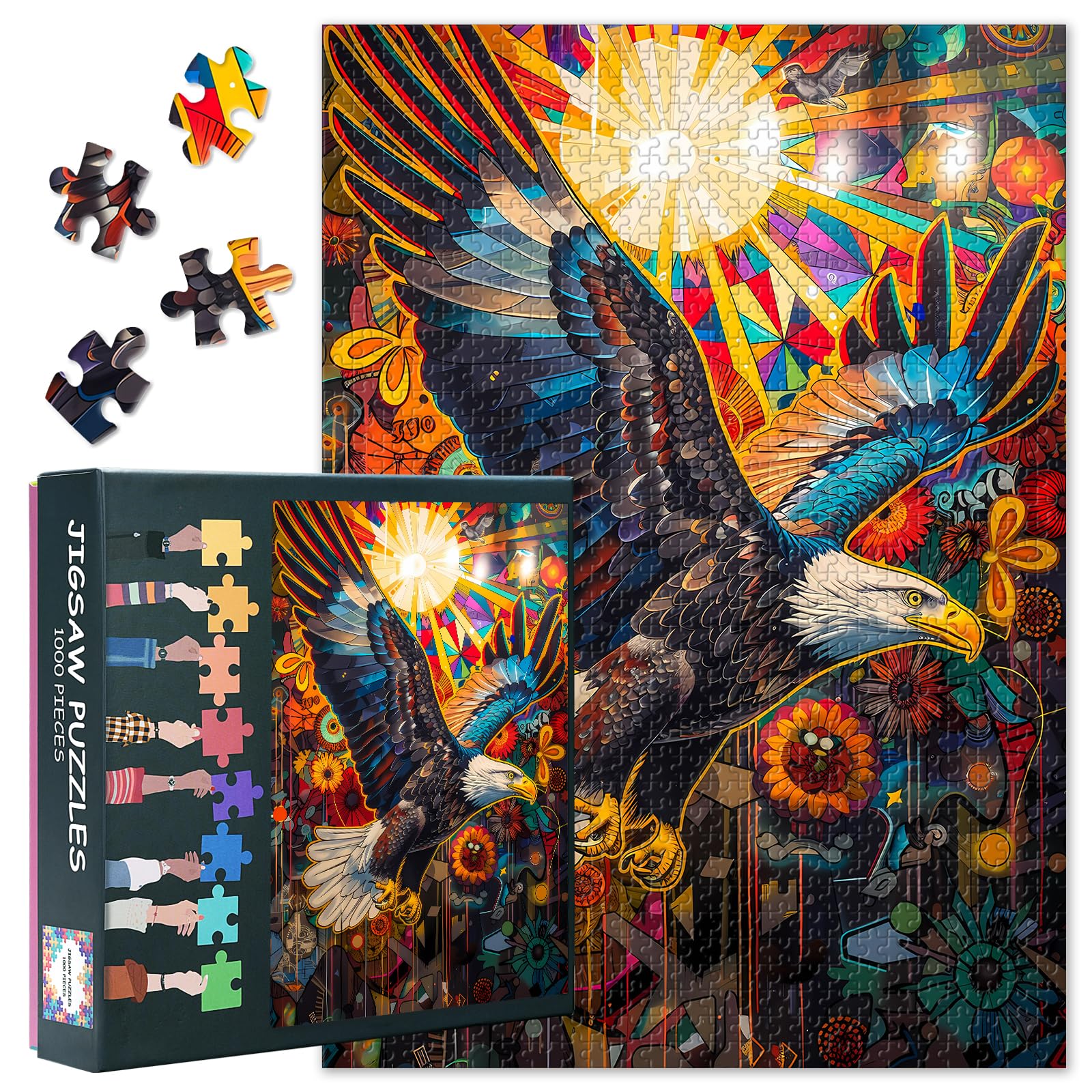 Stained Glass Puzzle for Adults – 1000-Piece Challenge Eagle Soaring Amidst Vibrant Pop Art Jigsaw Puzzles | Promotes Focus, Calm & Screen-Free Fun