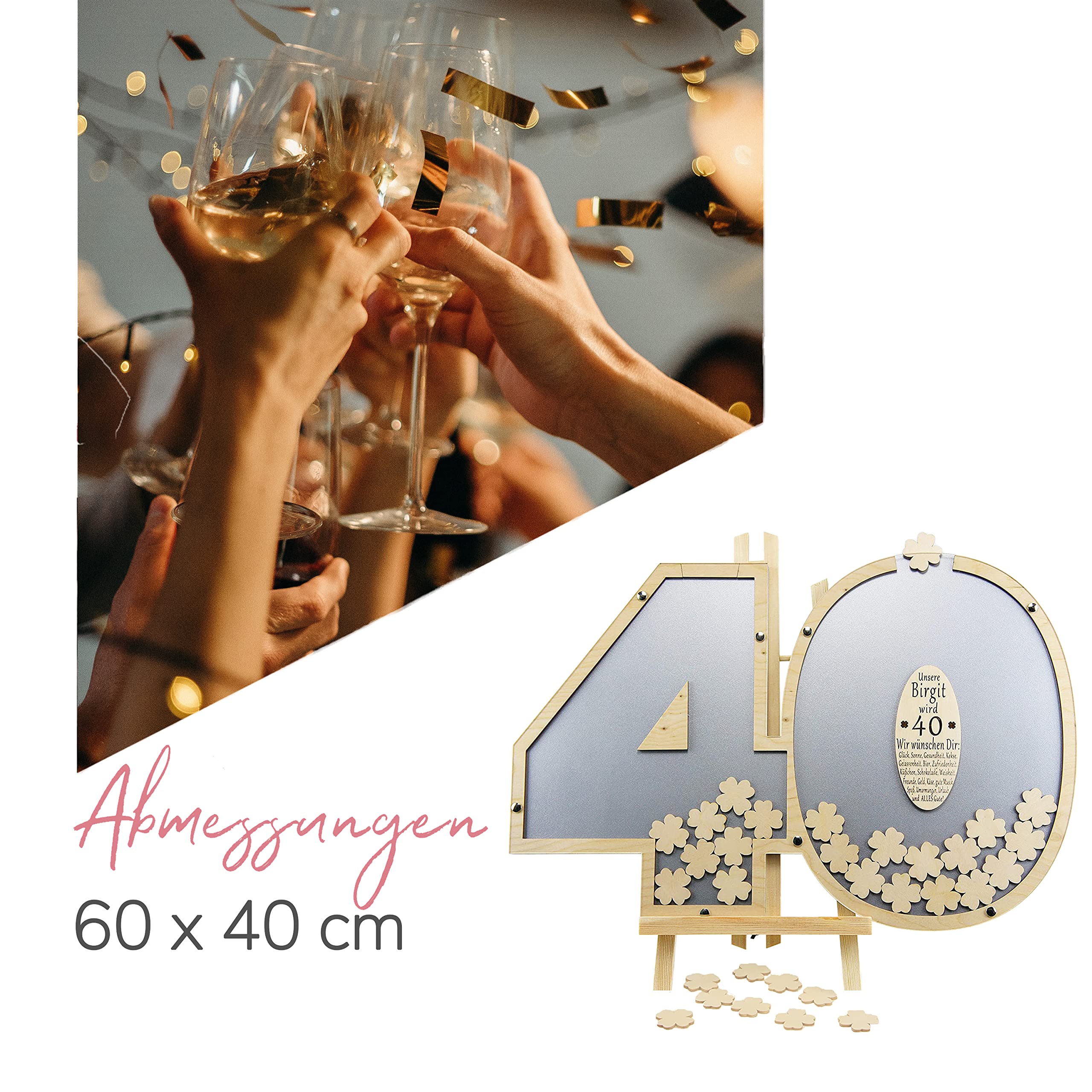 Gästebuch personalisierbar mit Holzzahlen 40 | 40x60cm in Grau | Holz Kleeblätter zum Beschriften - Geburtstag Geschenk für Frau & Mann - 40. Geburtstag | Made in Germany