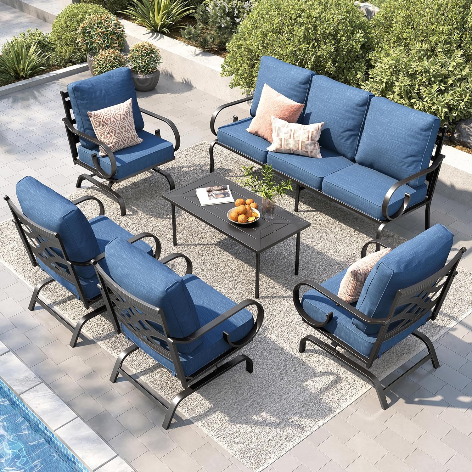 PHI VILLA Patio Furniture Set, 3-Seater Sofa, 4 Rocking Chairs and a Coffee Table, Outdoor Metal Conversation Set with 5.75" Extra Thick Cushion for Garden Backyard Deck, Navy