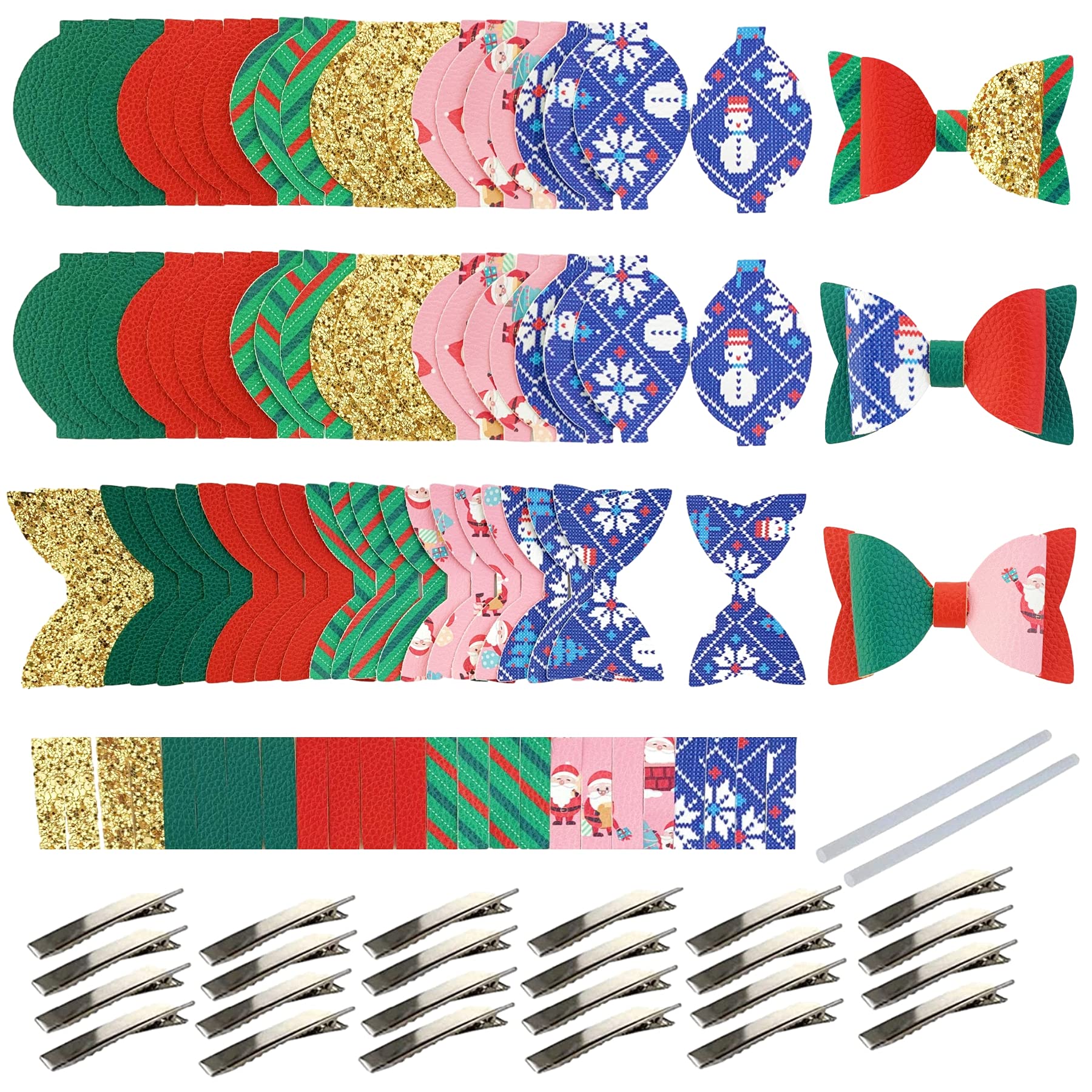 AOUXSEEM24 Set Christmas Faux Leather Bows Making Kit for Beginners, DIY Bows Head Barrettes, Contains Alligator Clips Hot Glue Sticks, Make Cute Hairpins for Women Girls Handmade Gifts…
