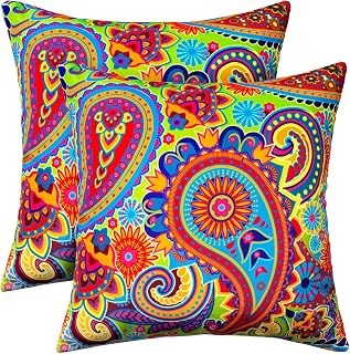 2 Pack Waterproof Outdoor Pillows, 18x18 Outdoor Throw Pillows | Patio Furniture Pillows, Fluffy Decorative Pillows, Waterproof &Fade Resistant, Removable & Washable, Paisley Colorful