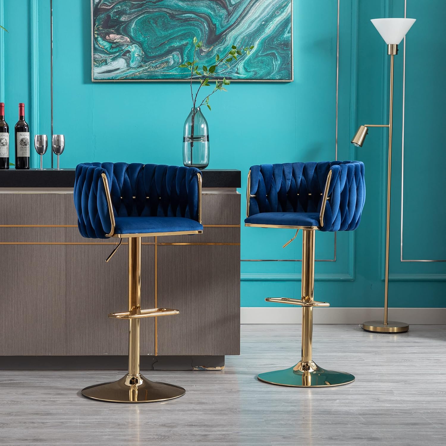 Velvet Bar Stools Set of 2, Swivel Counter Height Barstools with Golden Base, Woven Upholstered Barsools for Kitchen Island, Dining Room, Blue