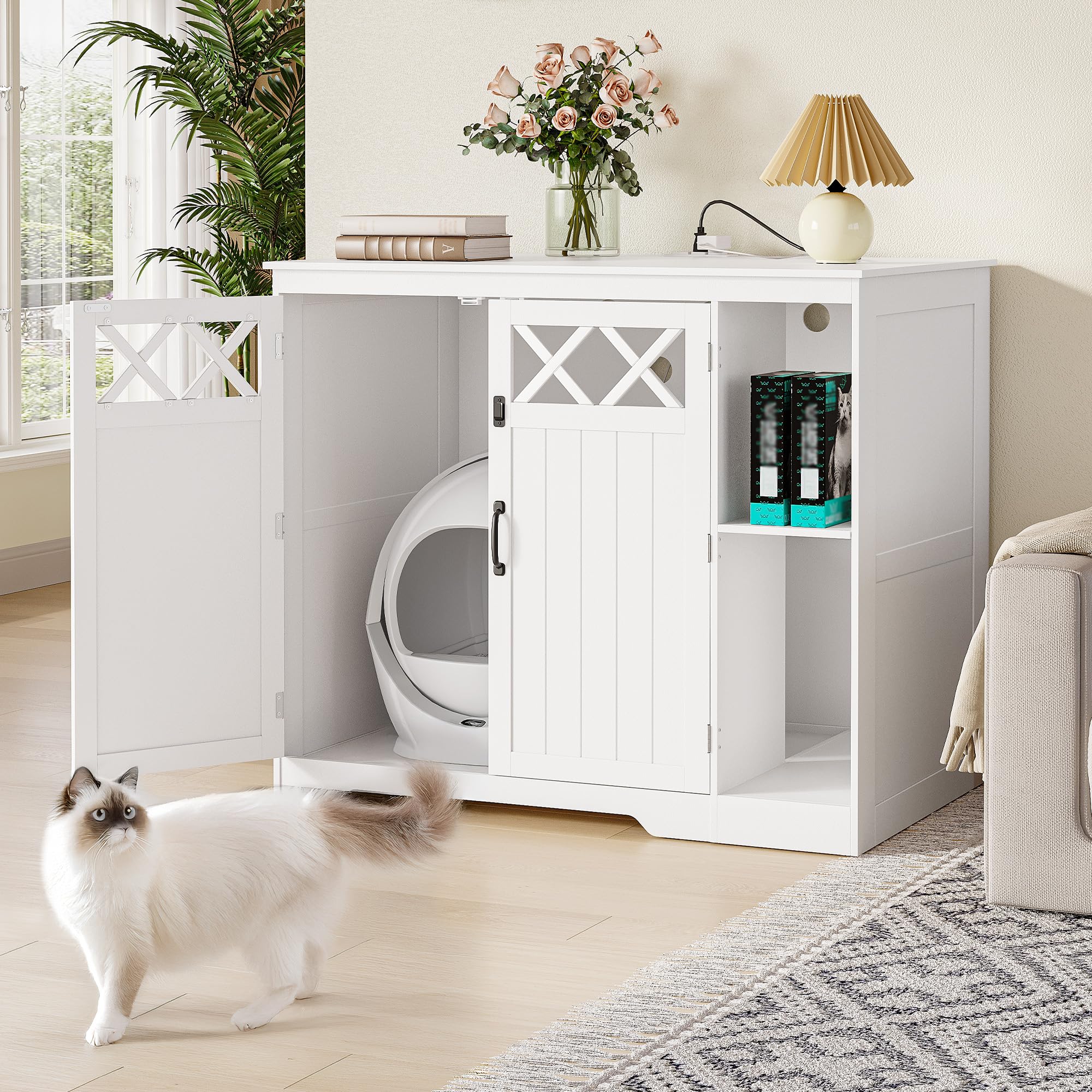 Hzuaneri Cat Litter Enclosure, Hidden Self-Cleaning Litter Box Furniture with Charging Station, Pull-Out Base Plate, Adjustable Shelf, Large Indoor Cat House, 41.3 x 27.6 x 35.4 inches, White