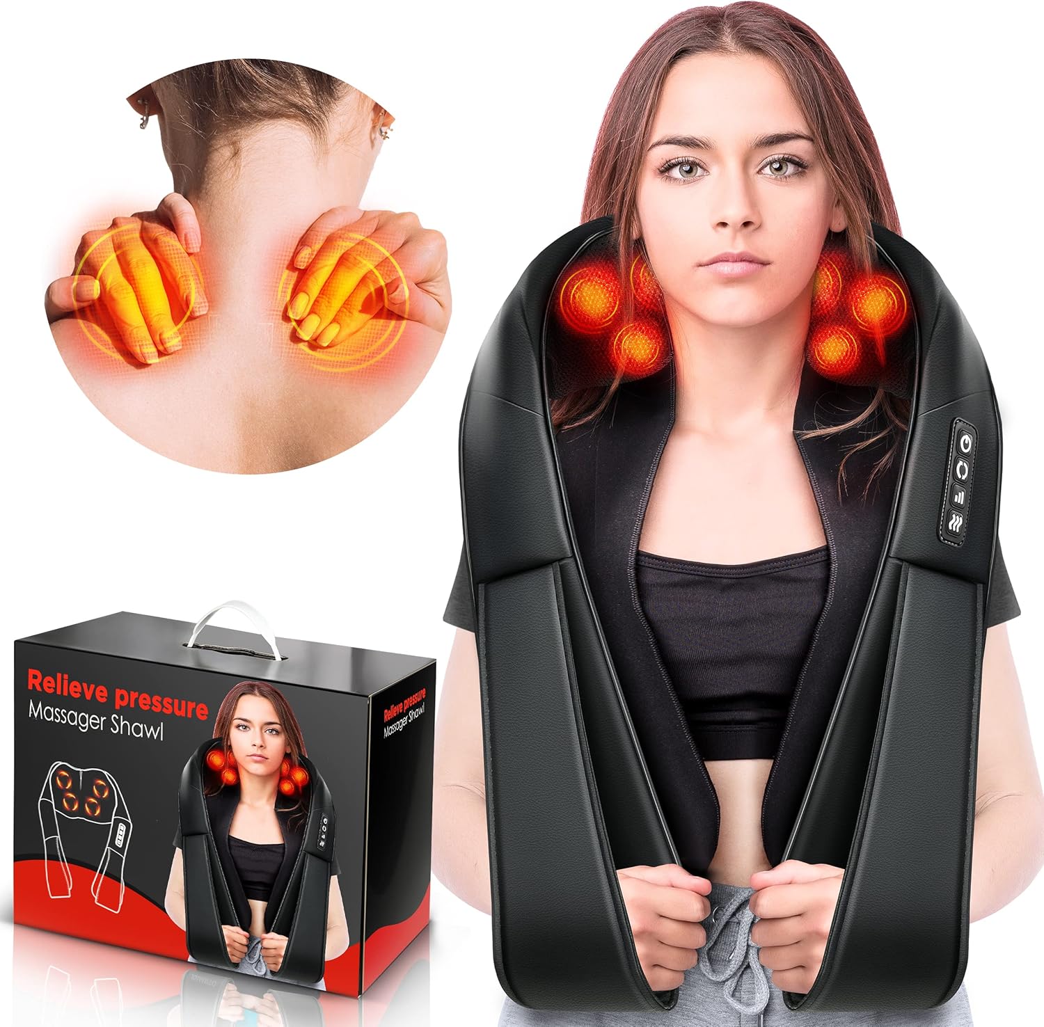 Back Massager, LIANGZAI PU Material Electric Shoulder Massager with Heat, Kneading Massager Shawl for Neck, Back, Shoulder, Foot, Leg , Use at Home, Office, Car…