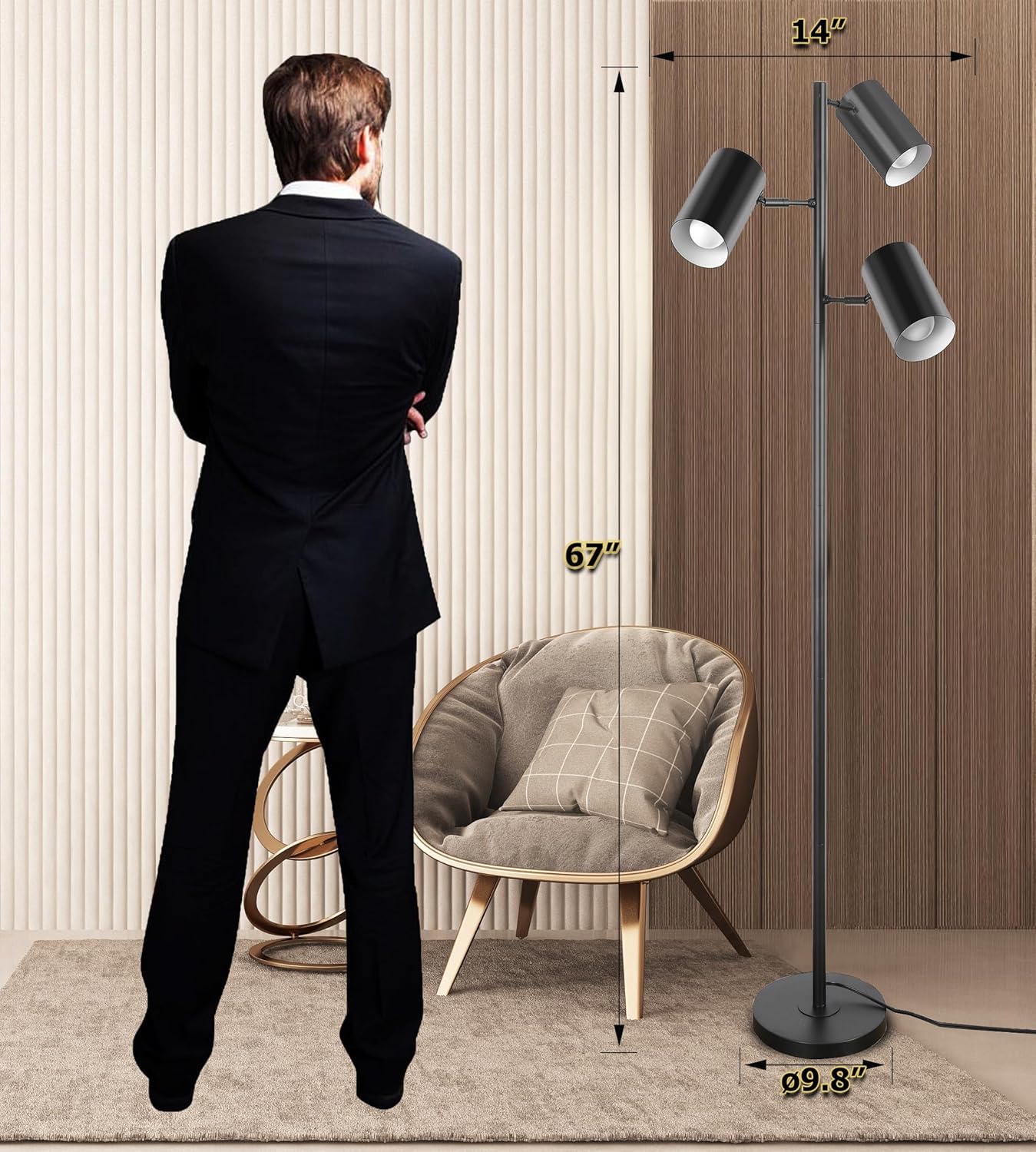 Tree Floor Lamp with 3 Light 9W E26 LED Bulbs,Black Standing Tall Pole Lamp with 3 Adjustable Rotating Lights,Modern Floor Lamp for Living Room Bedroom Office,Reading Room