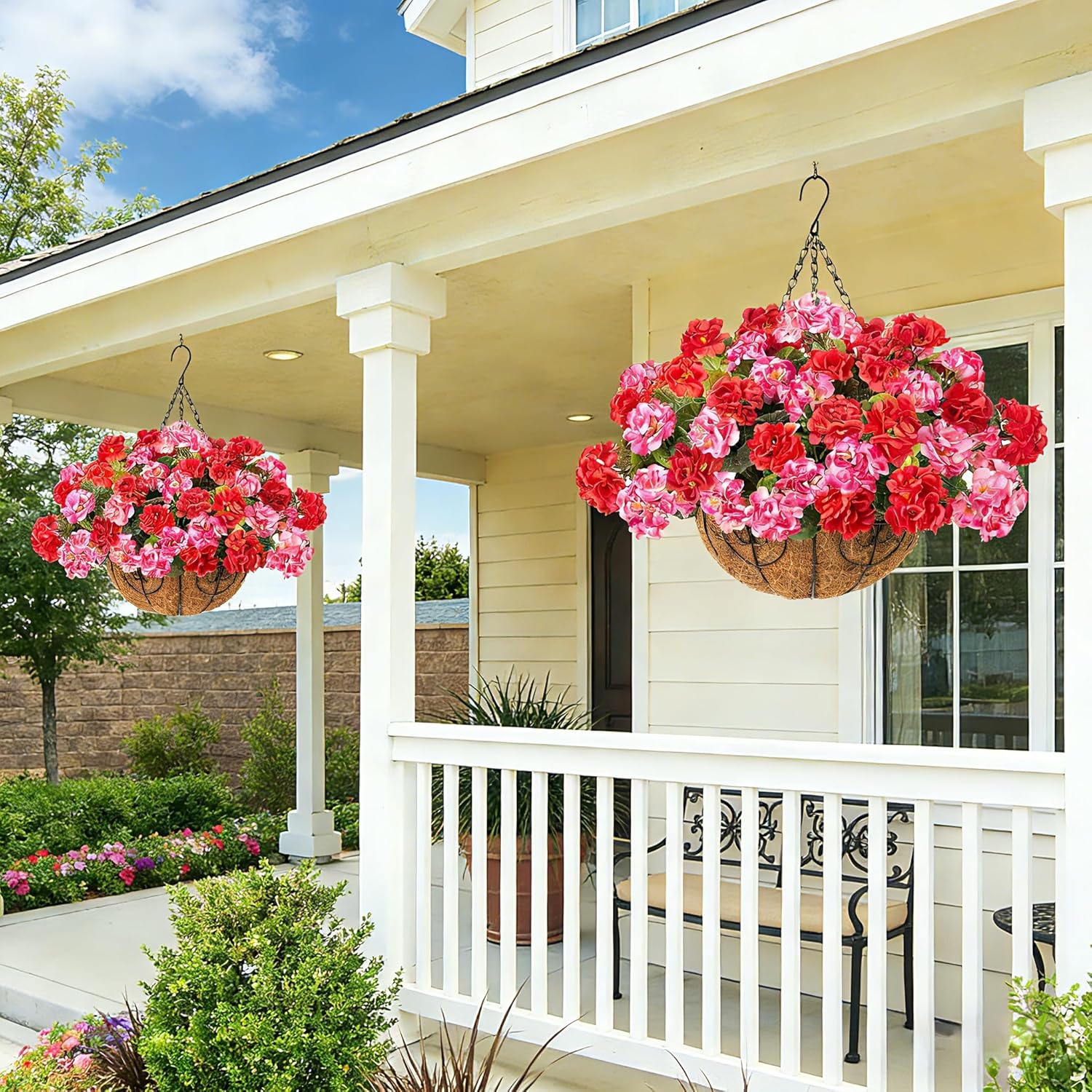 INSPRING Geraniums Artificial Flowers Hanging Basket for Outdoors Outside Spring Decoration, 8 Bundles Silk Flowers Fake Plants Look Real UV Resistant for Porch Home Patio Balcony Yard, Red Pink