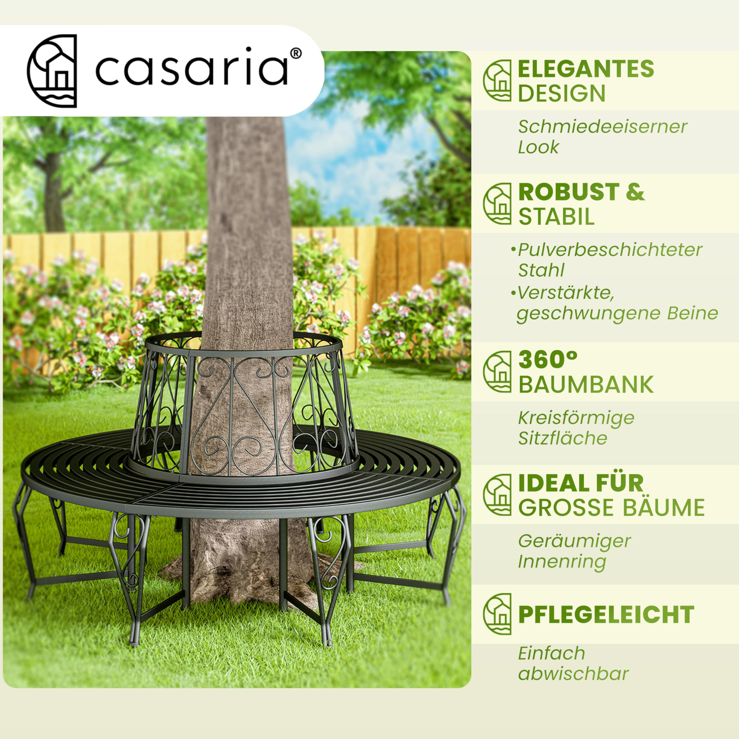 Casaria® Gartenbank Sitzbank Ø160cm Metall Pulverbeschichtet Wetterfest 320kg Belastbar Rundbank Fußschutz Garten Baum Bank Vintage Schwarz