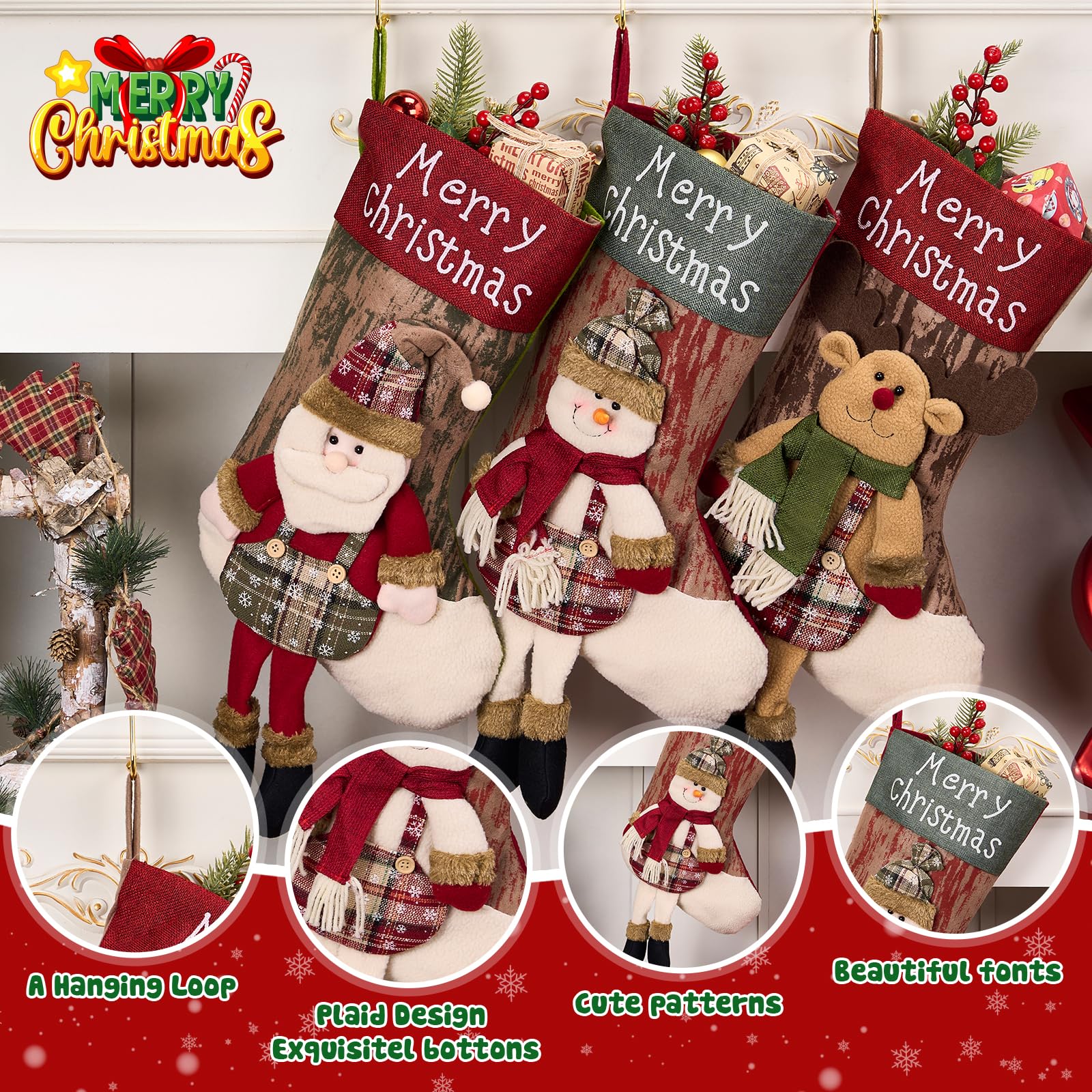 Jumbo-3D-Weihnachtsstrümpfe mit goldenen Haken, extra groß, 45,7 cm, Weihnachtssocken für Kamin, Kaminsims, Urlaubsstrümpfe, Set für Geschenke (3 Beine)