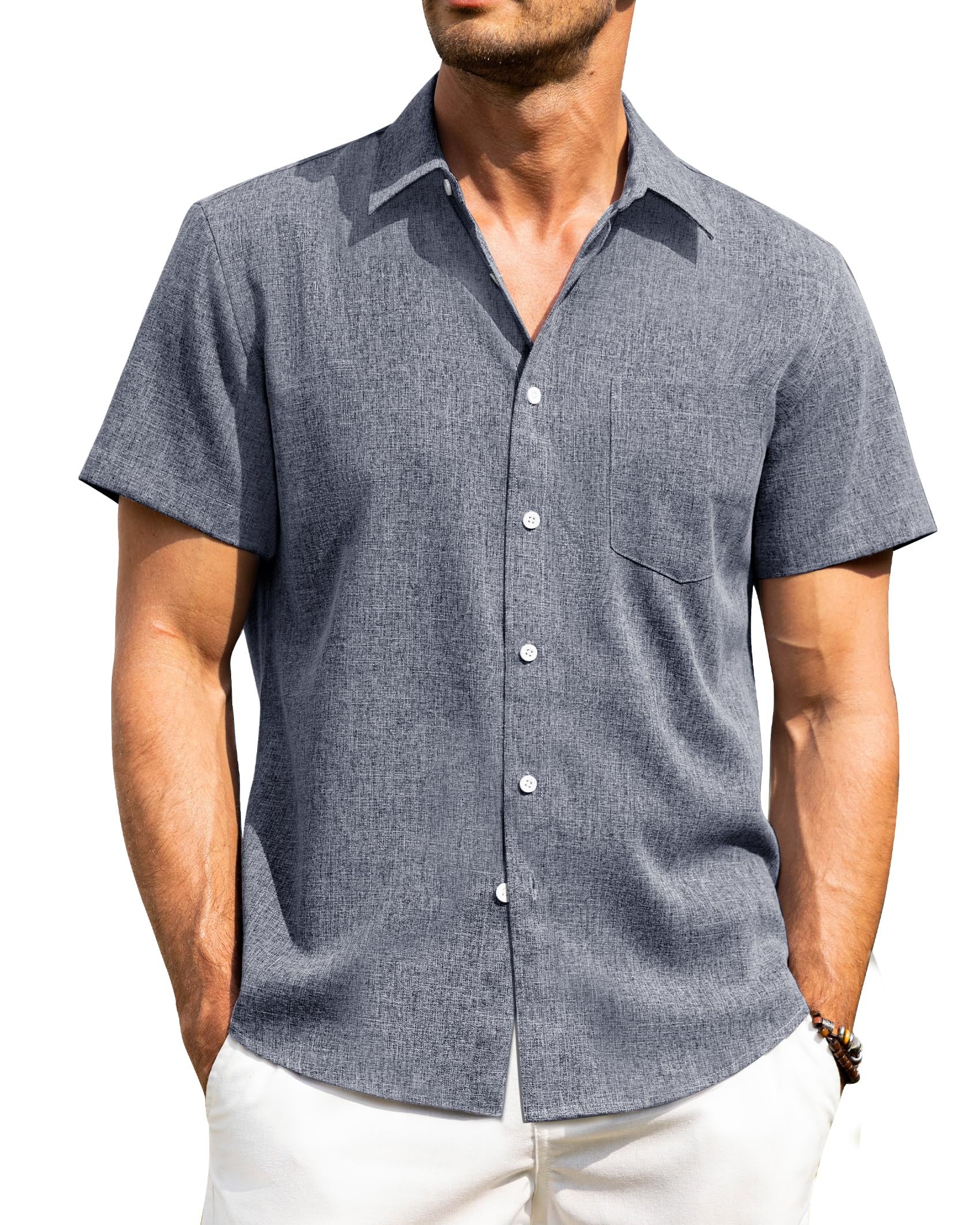 Alimens & Gentle Mens Linen Shirts Short Sleeve Button Down Shirts Wrinkle Free Casual Vacation Beach Summer Tops