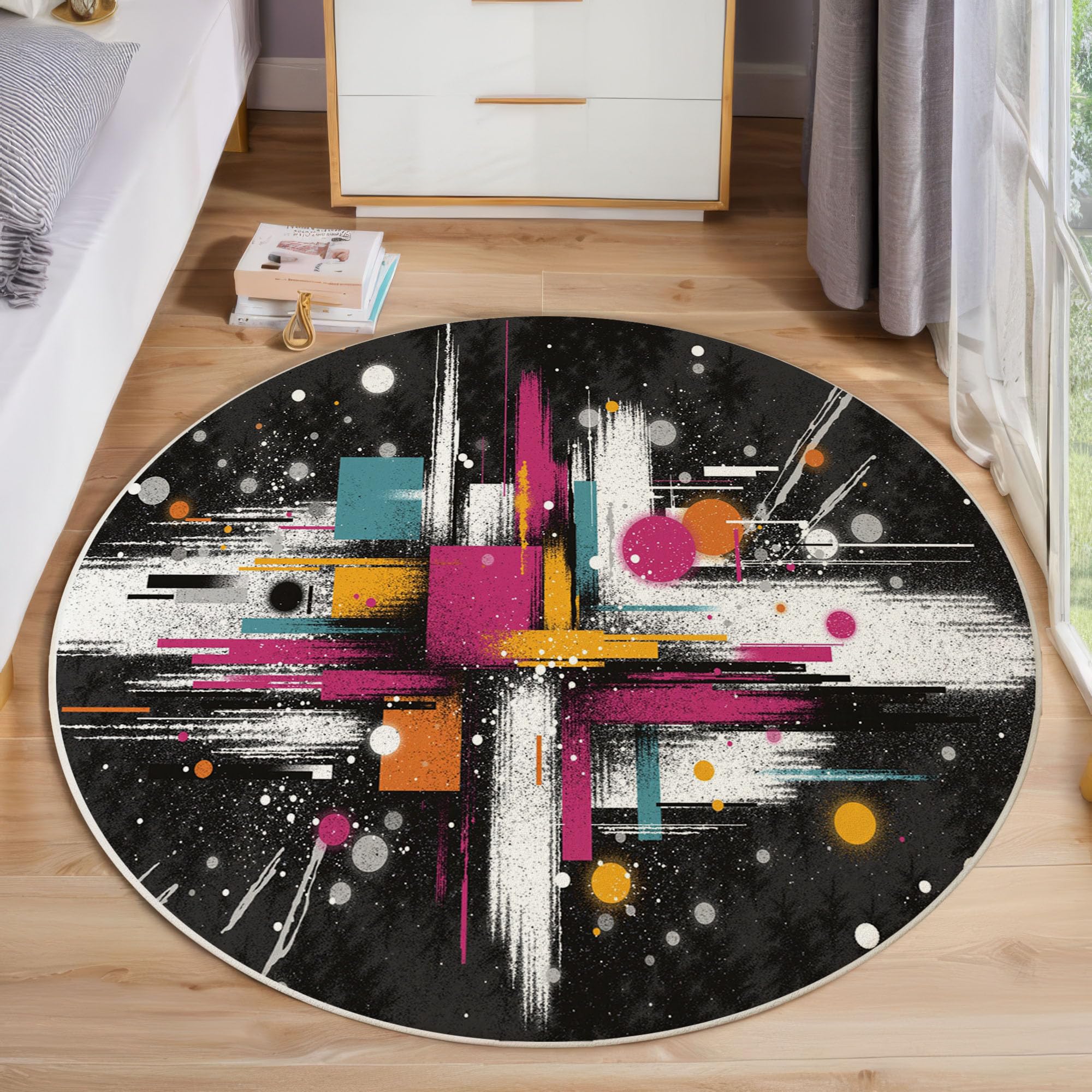 Tapis rond facile à nettoyer noir 80 cm géométrique antidérapant