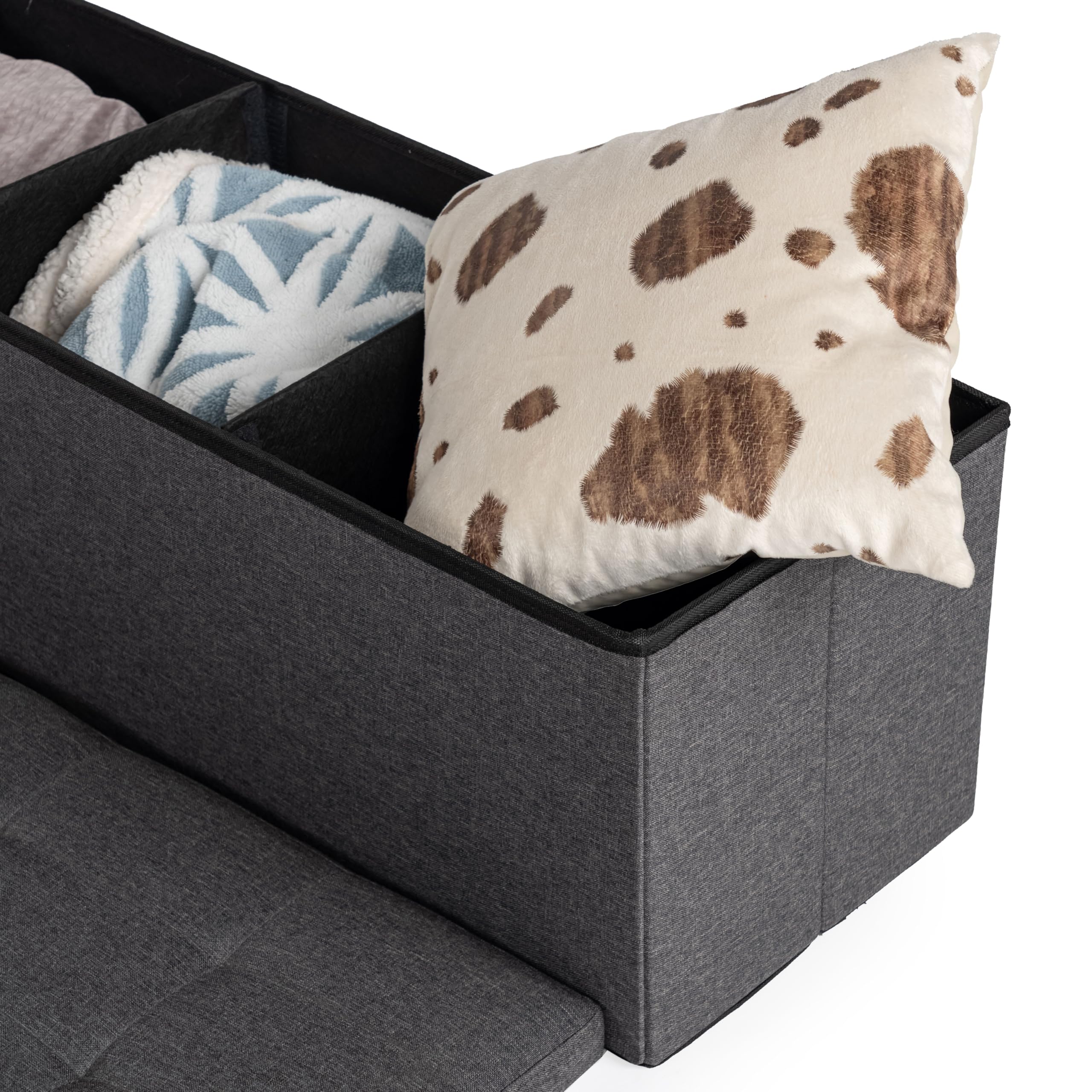 FurnitureR L-110cm Banc de Rangement pour Chambres d'enfants, Ottoman en Bout de Lit, Coffre de Rangement Intérieur avec Compartiment Amovible, Pliable Coffre de Rangement Tabouret, Tissu Gris