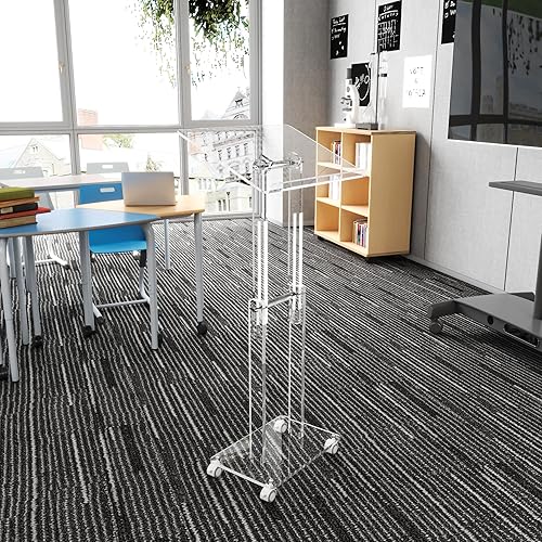 Miniatura 2 de HMYHUM Soporte de podio acrílico con ruedas bloqueables, ángulo y altura ajustable, podio rodante transparente, atriles móviles y púlpitos para