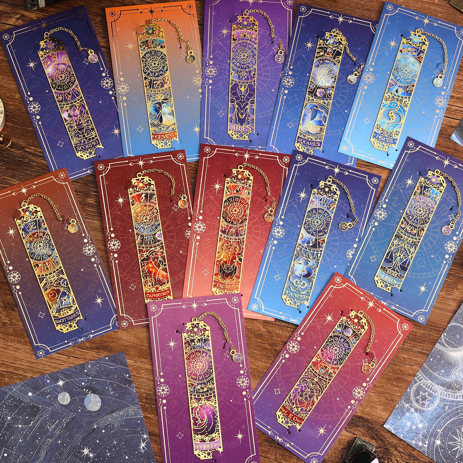 12 marcapáginas de metal con temática del zodiaco para mujeres, juego de marcapáginas de astrología hueca dorada divertida para niñas, adolescentes, estudiantes, lectores, hombres, regalos temáticos