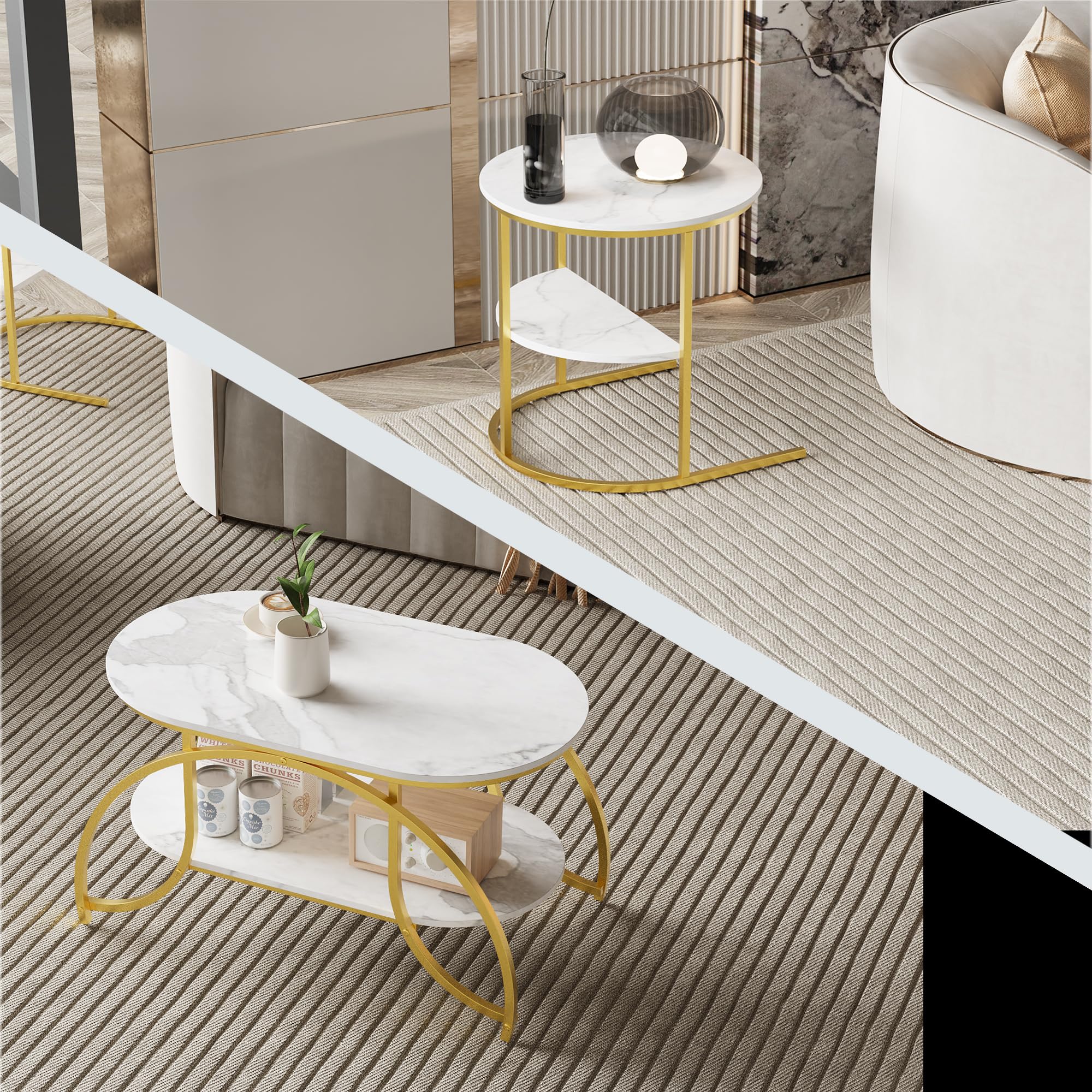 Set di 2 tavolini rotondi e ovali, con vano portaoggetti, effetto marmo, telaio in metallo, tavolo da salotto, tavolino da caffè, bianco e oro
