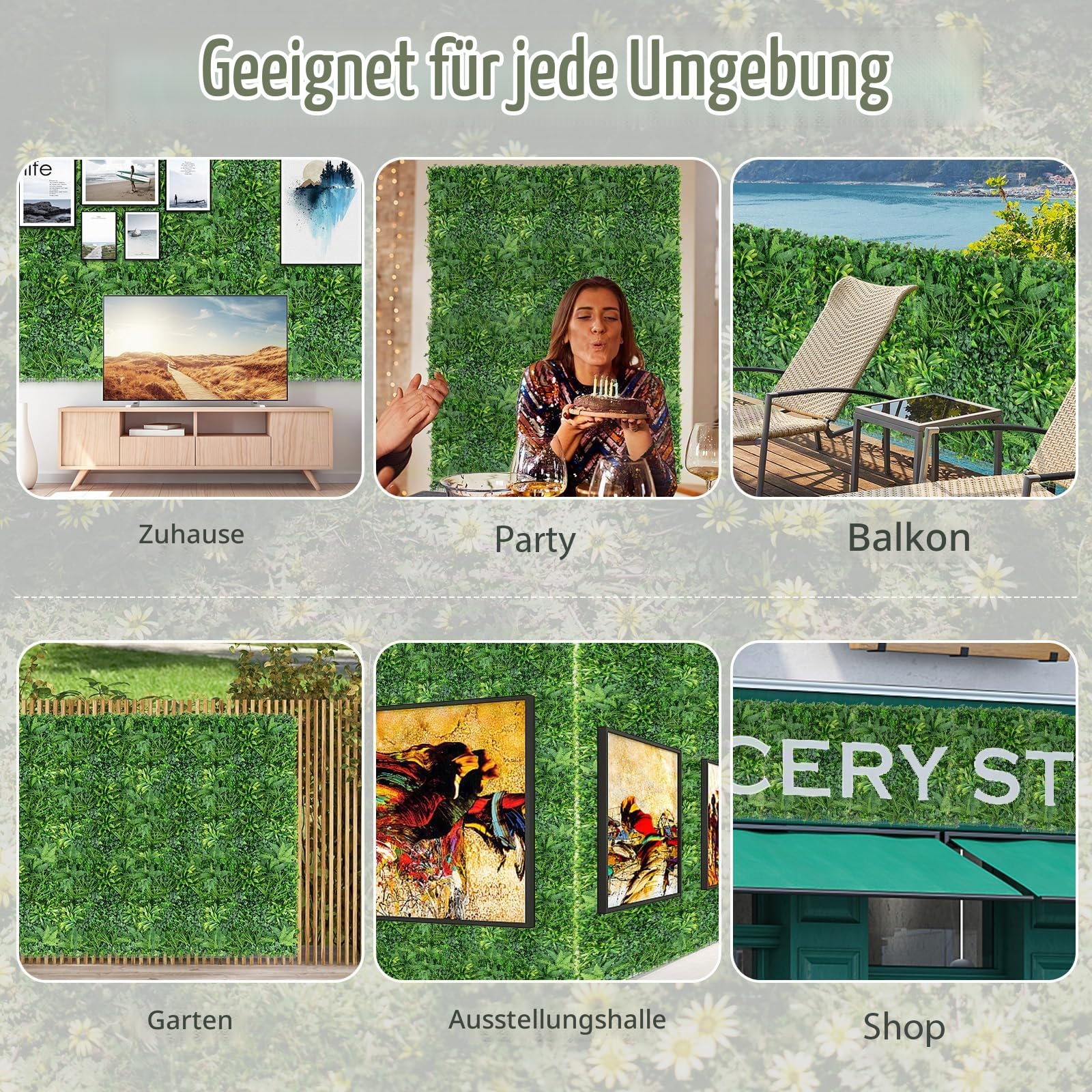 SOARS 4 Stück Künstliche Pflanzenwand, Hecke 50x50cm mit UV-stabilisierten Paneelen & verschiedenen Blättern, für Wohnzimmer, Garten, Wand, Hochzeit, Grün
